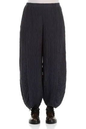 Ruched Hem Graphite Blue Crinkled Silk Linen Trousers Quality Fabric Soft Structure