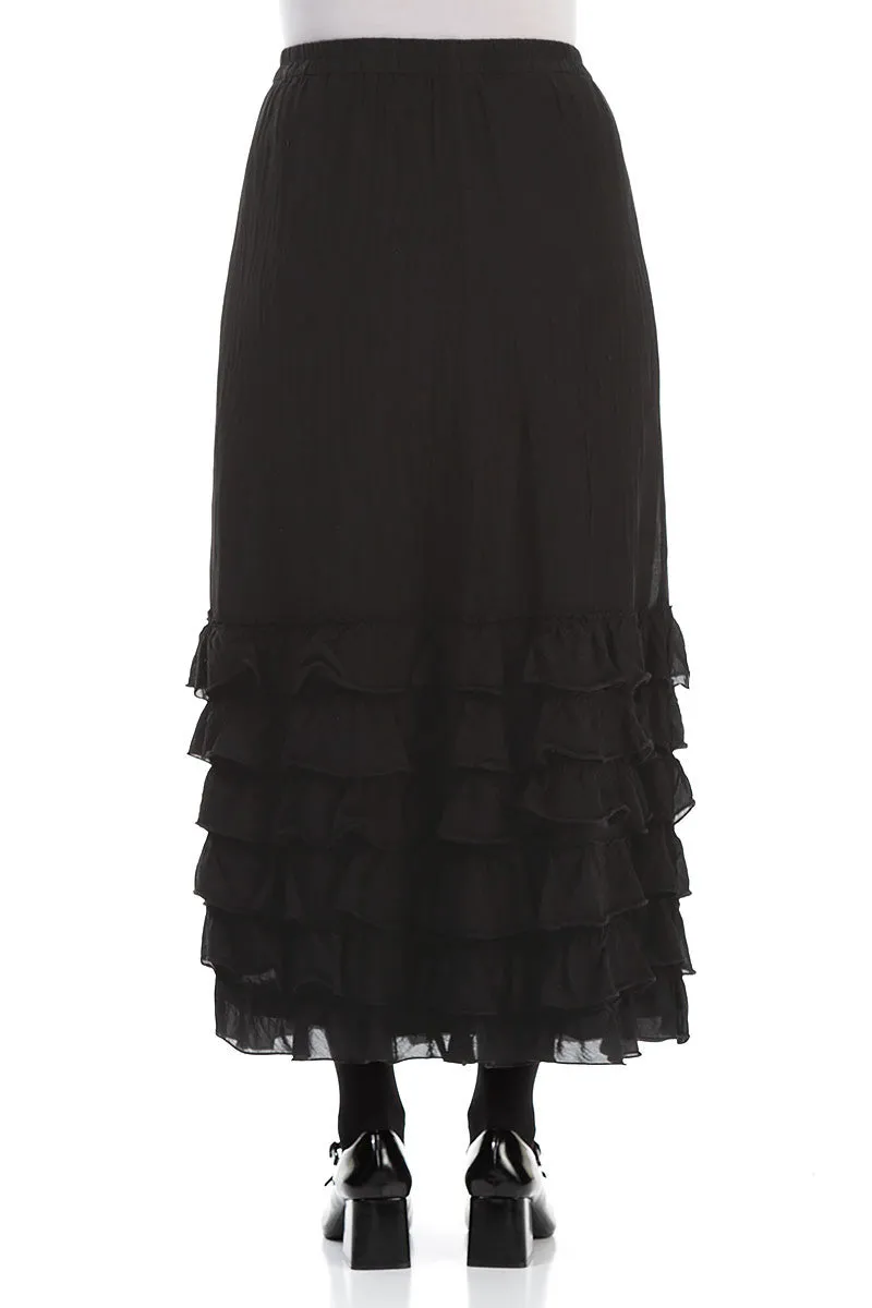Ruffled Black Silk Cotton Skirt Sequined Finish