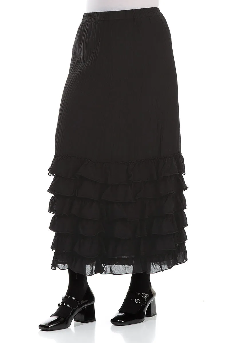Abstract Motif Quick Wear Ruffled Black Silk Cotton Skirt