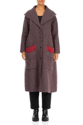 Wide Collar Purple Brown Wool Swing Coat High Neck Ultra Flexible
