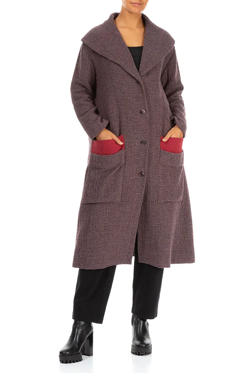 Wide Collar Purple Brown Wool Swing Coat Quilted Pattern Fleece Lined Interior