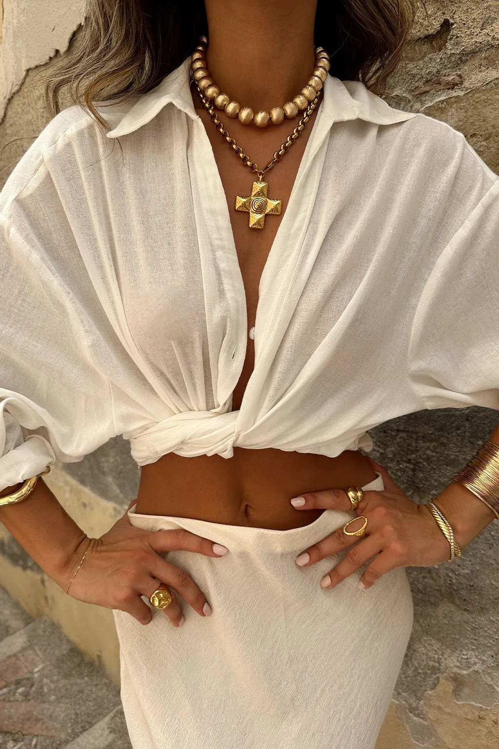 DoubleLayered Neckline San Vito White Button Down Long Sleeve Top