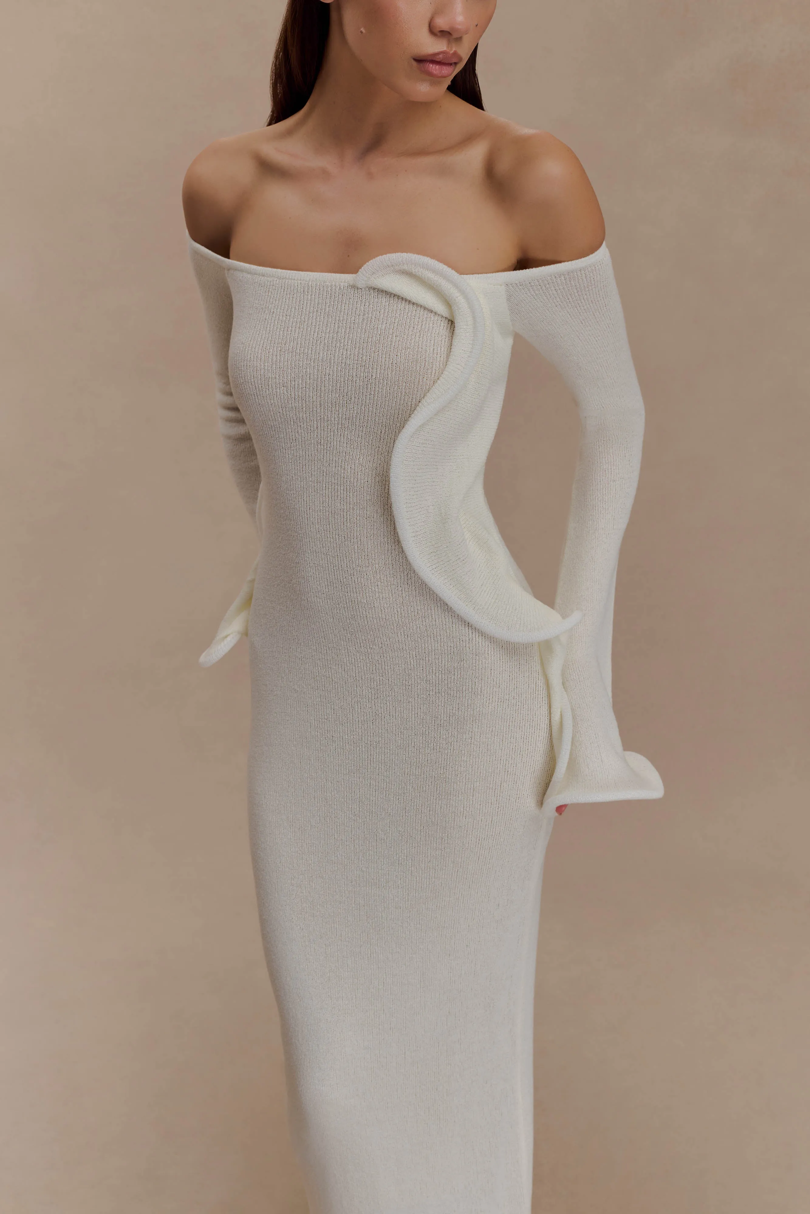 Sandrine Off Shoulder Knit Maxi Dress - White Effortless Elegance Mesh-Sleeve