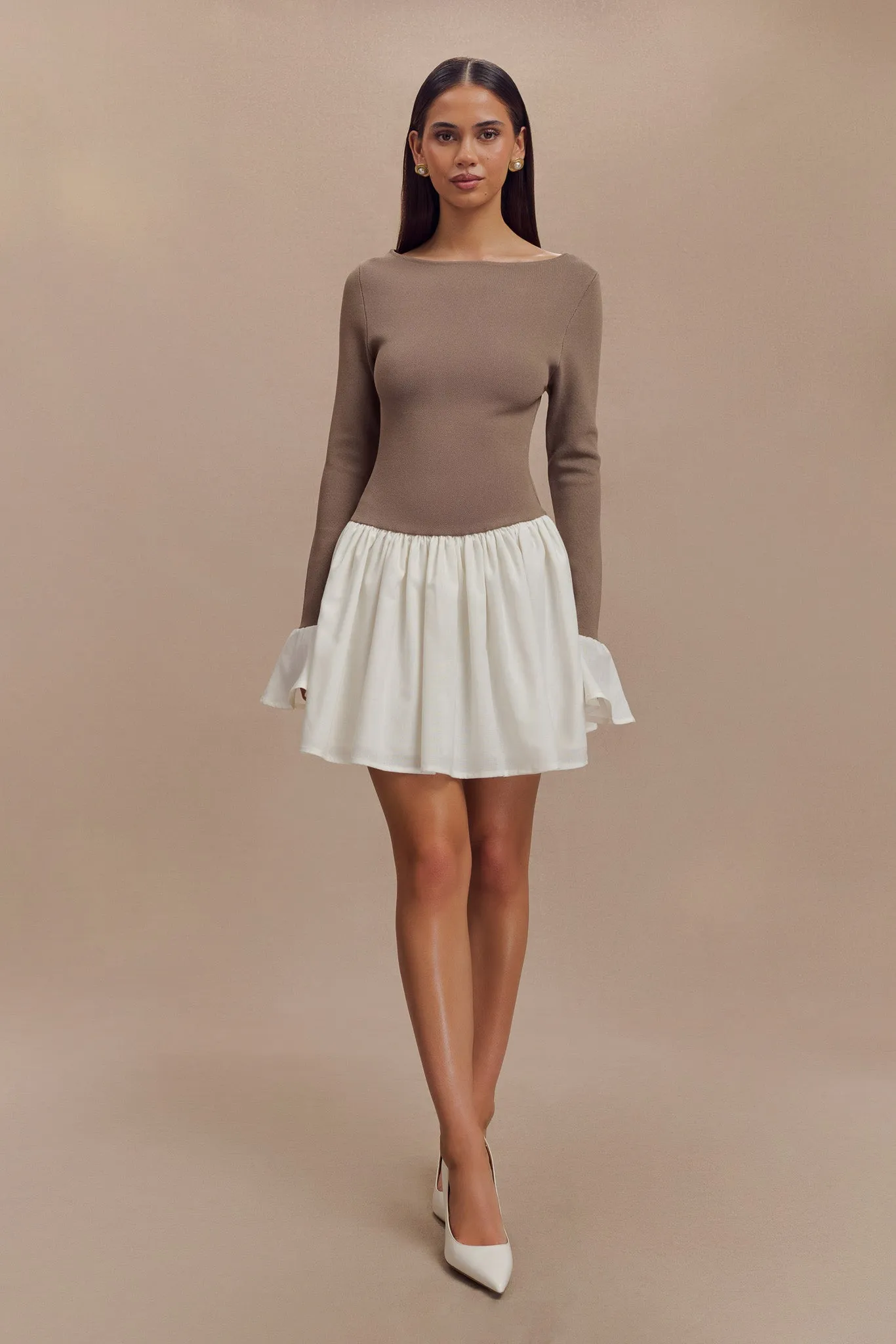 Flared-Hem Lightweight Feel Sansa Knit And Linen Mini Dress - Smoke & Ivory