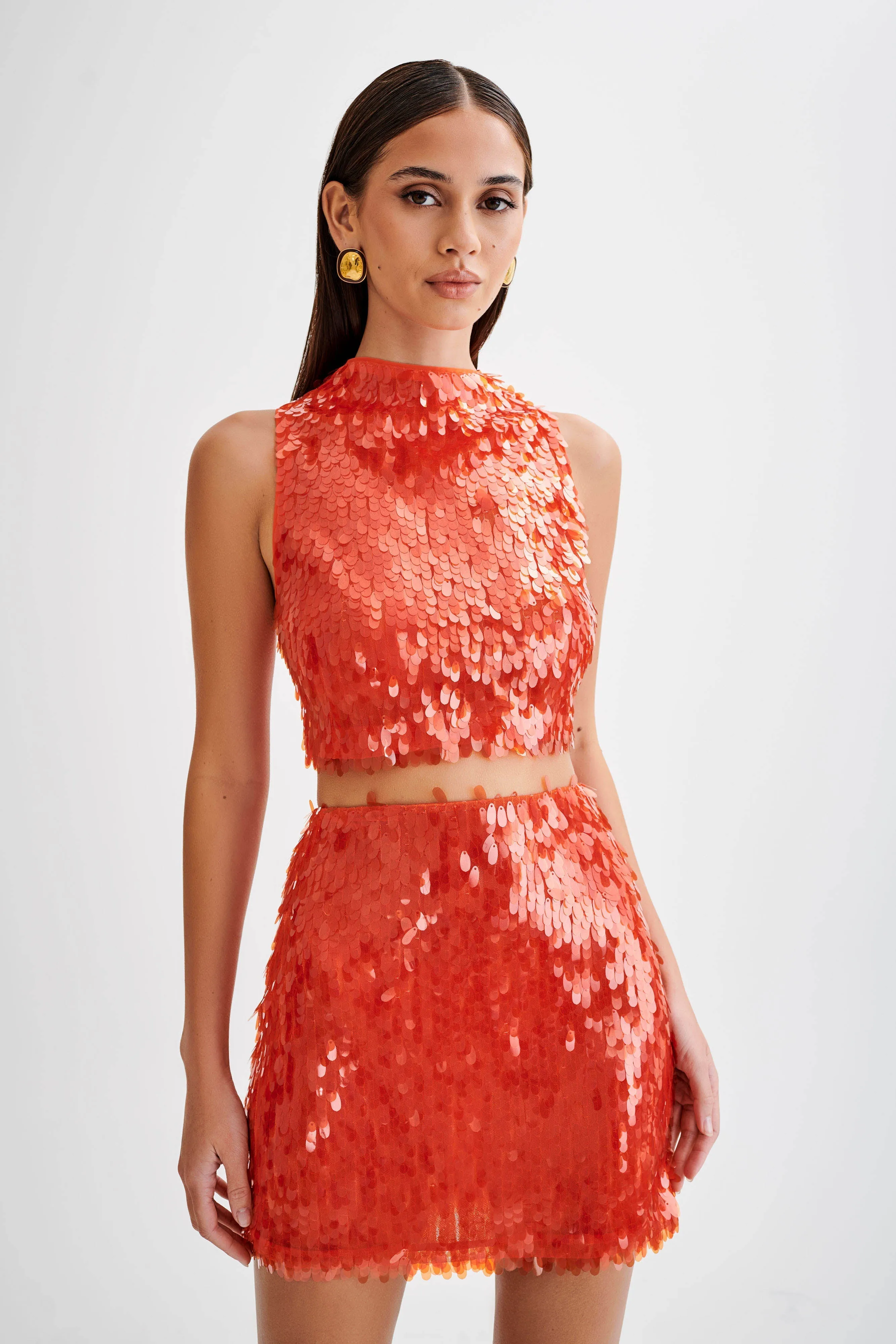 Savannah Sequin Crop Top - Firey Orange LowProfileZipperSystem Breathable Knit Fabric