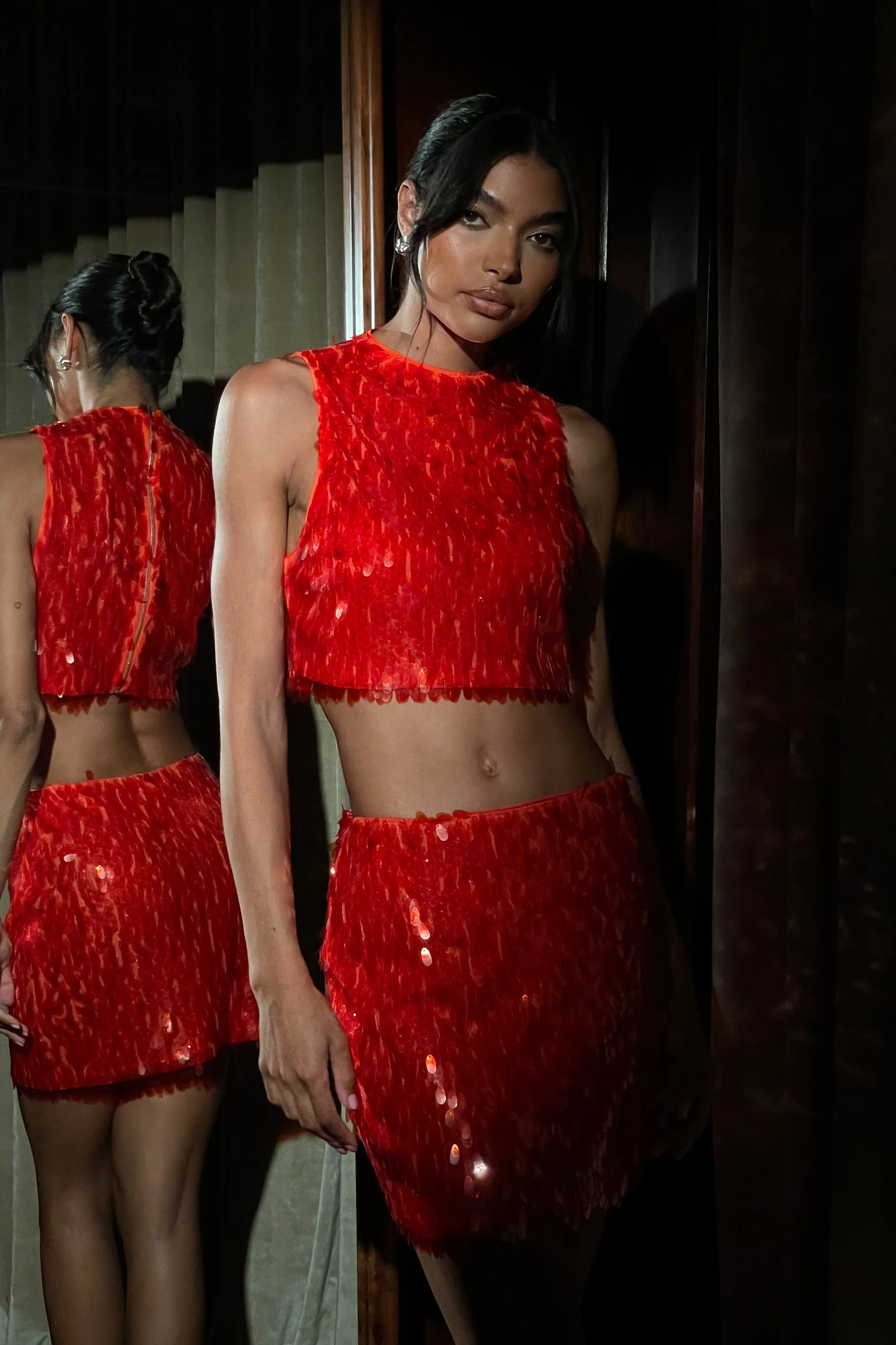 Savannah Sequin Crop Top - Firey Orange ChafeFreeEdging