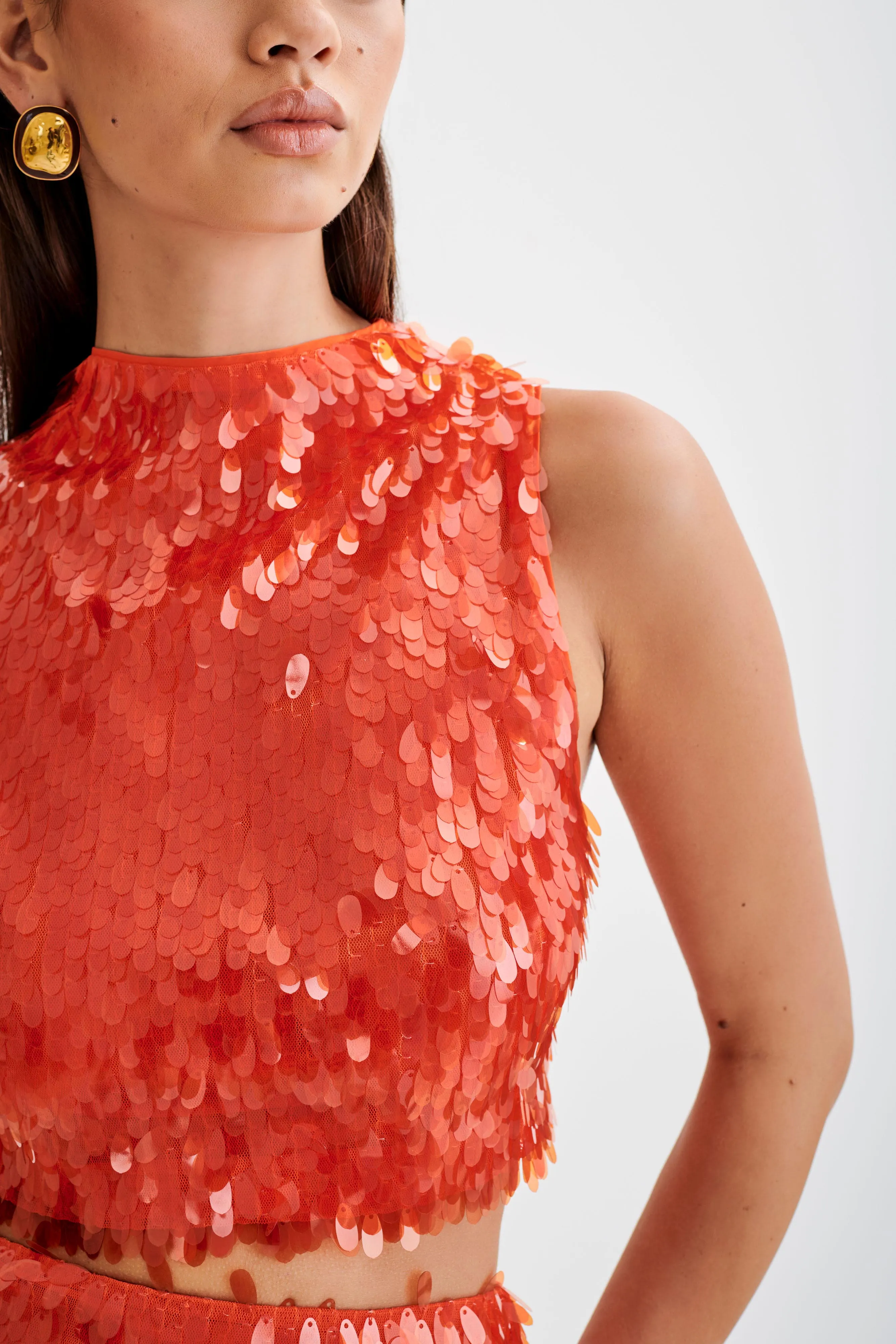 SoftBrushed Multi Pocket Configuration Savannah Sequin Crop Top - Firey Orange