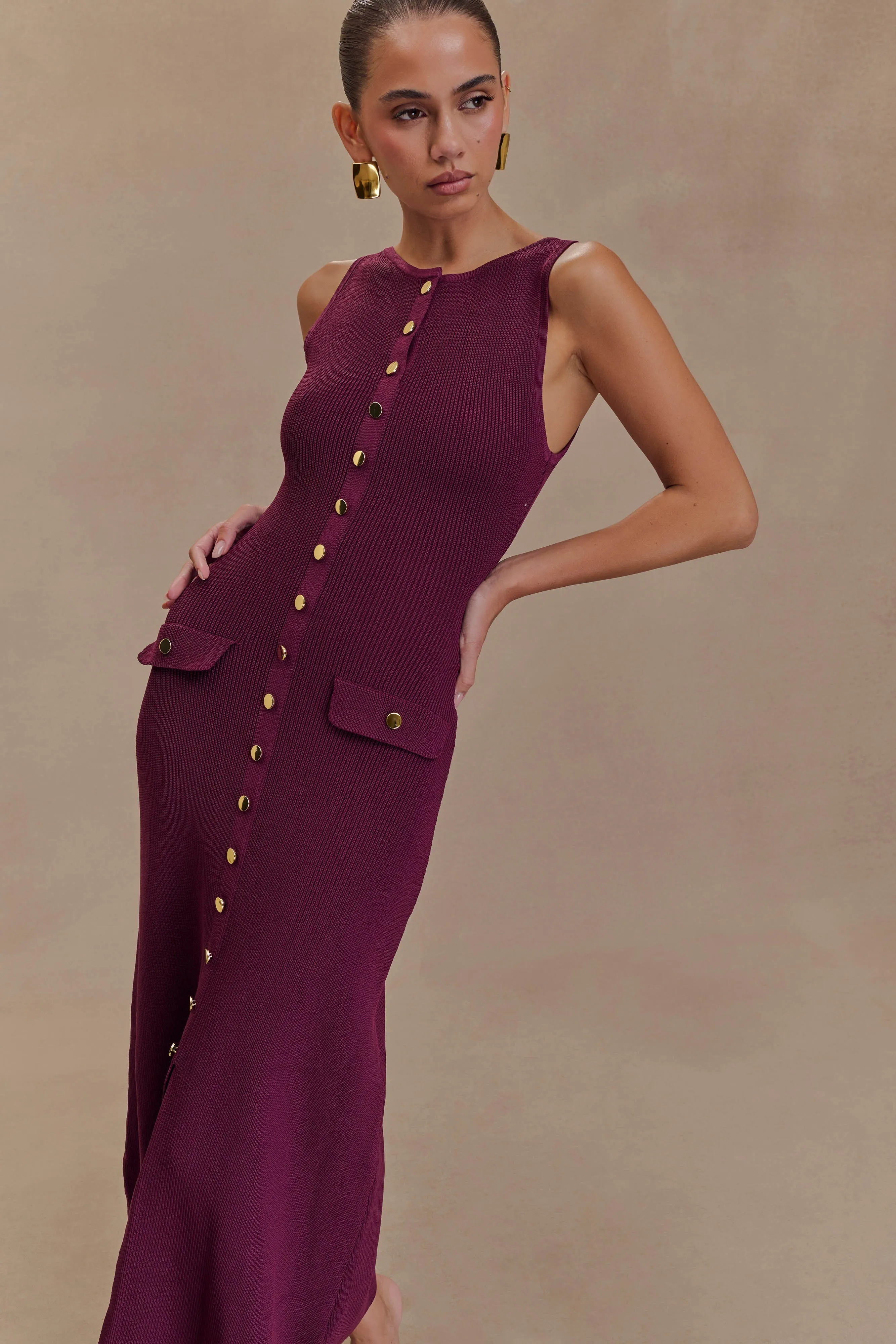 Sawyer Sleeveless Buttoned Maxi Dress - Plum Polite Color Mood Glow