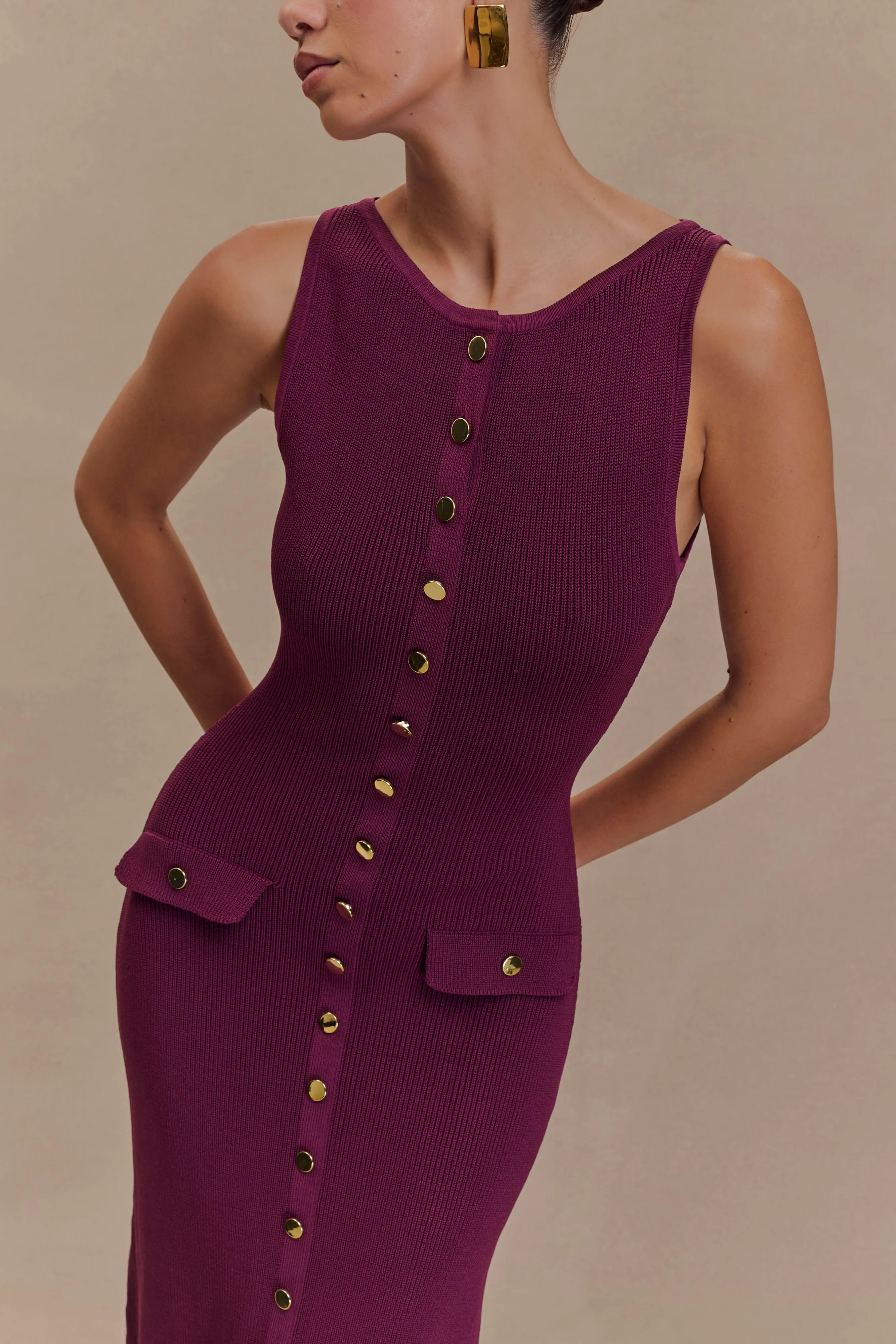 Sawyer Sleeveless Buttoned Maxi Dress - Plum SeamlessConstruction Silky Touch