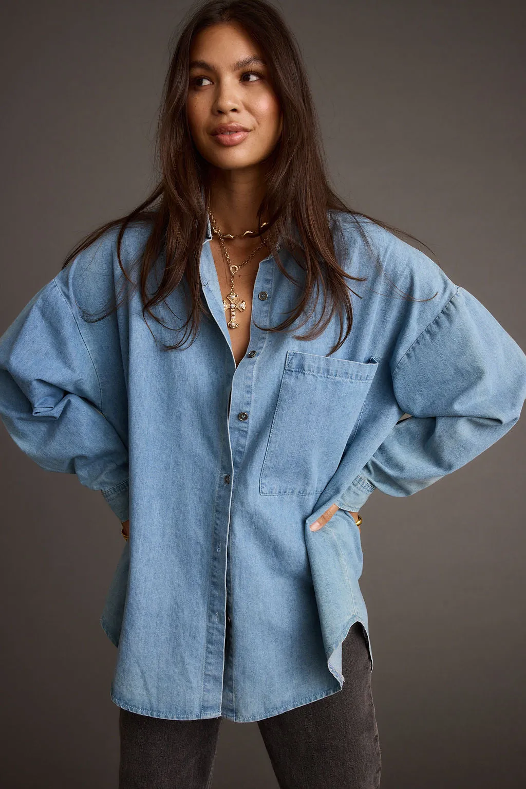 Stretch Weave Construction Springsteen Chambray Oversized Button Down Shirt