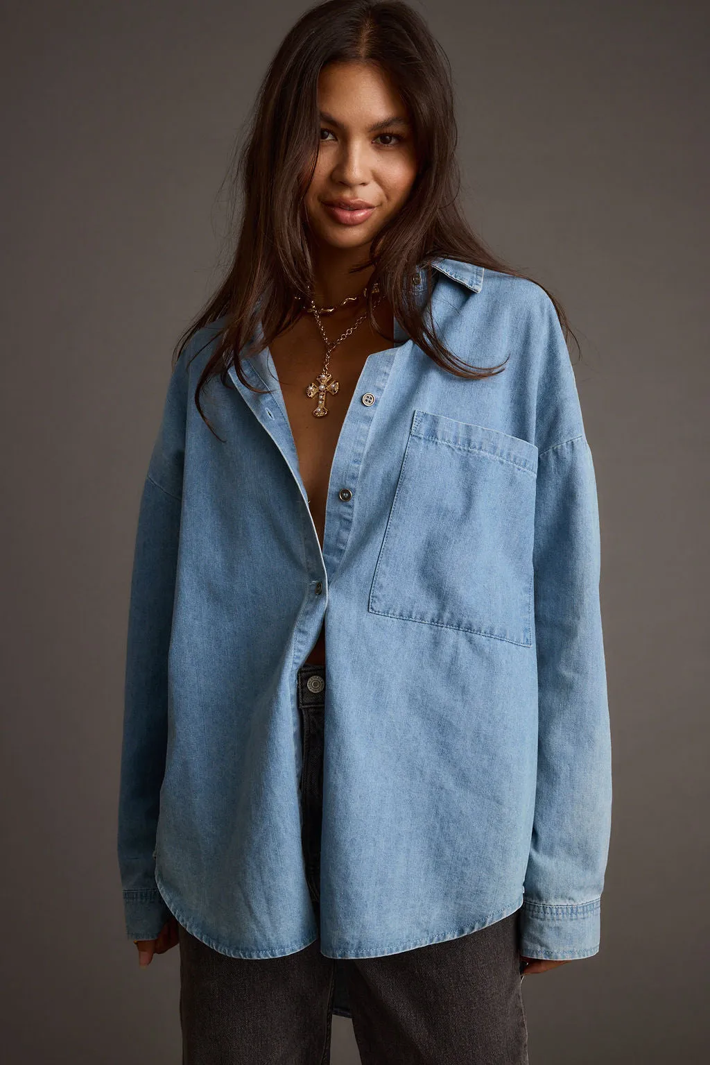 AthleticInspired Ventilated Back Panels Springsteen Chambray Oversized Button Down Shirt