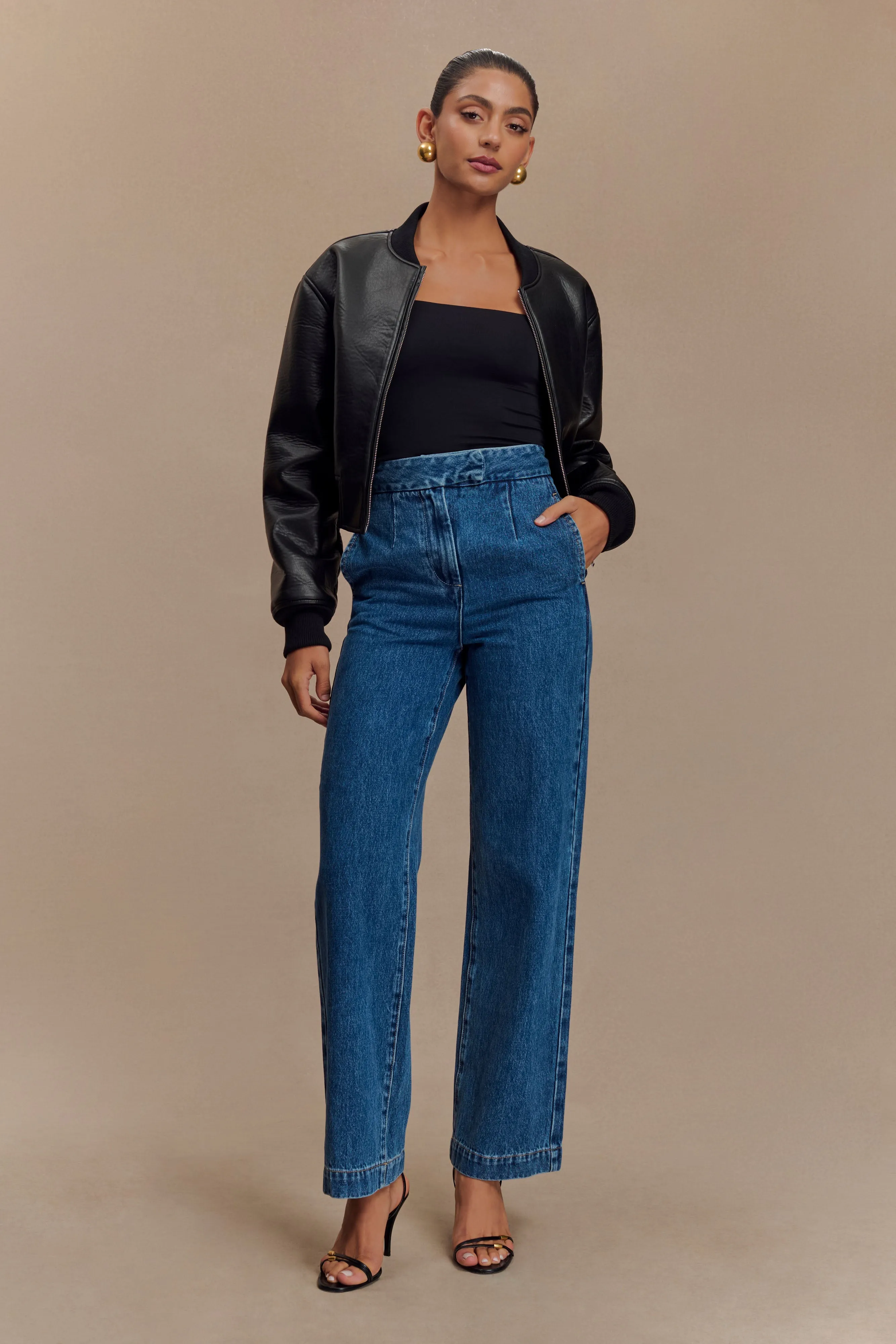 Crisp Weather Fit Runway Inspired Codi Faux Leather Bomber Jacket - Black