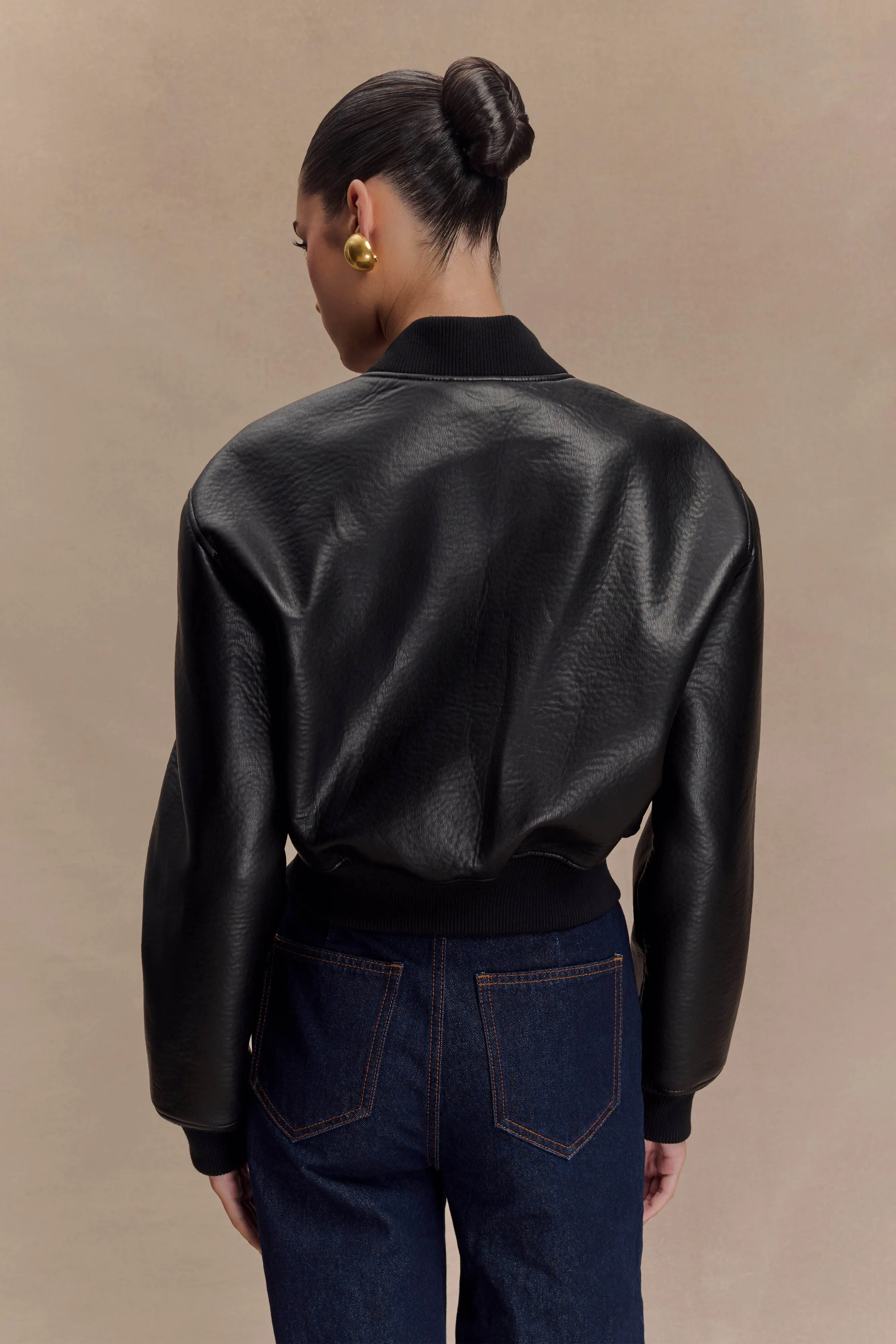 Codi Faux Leather Bomber Jacket - Black Long Sleeve