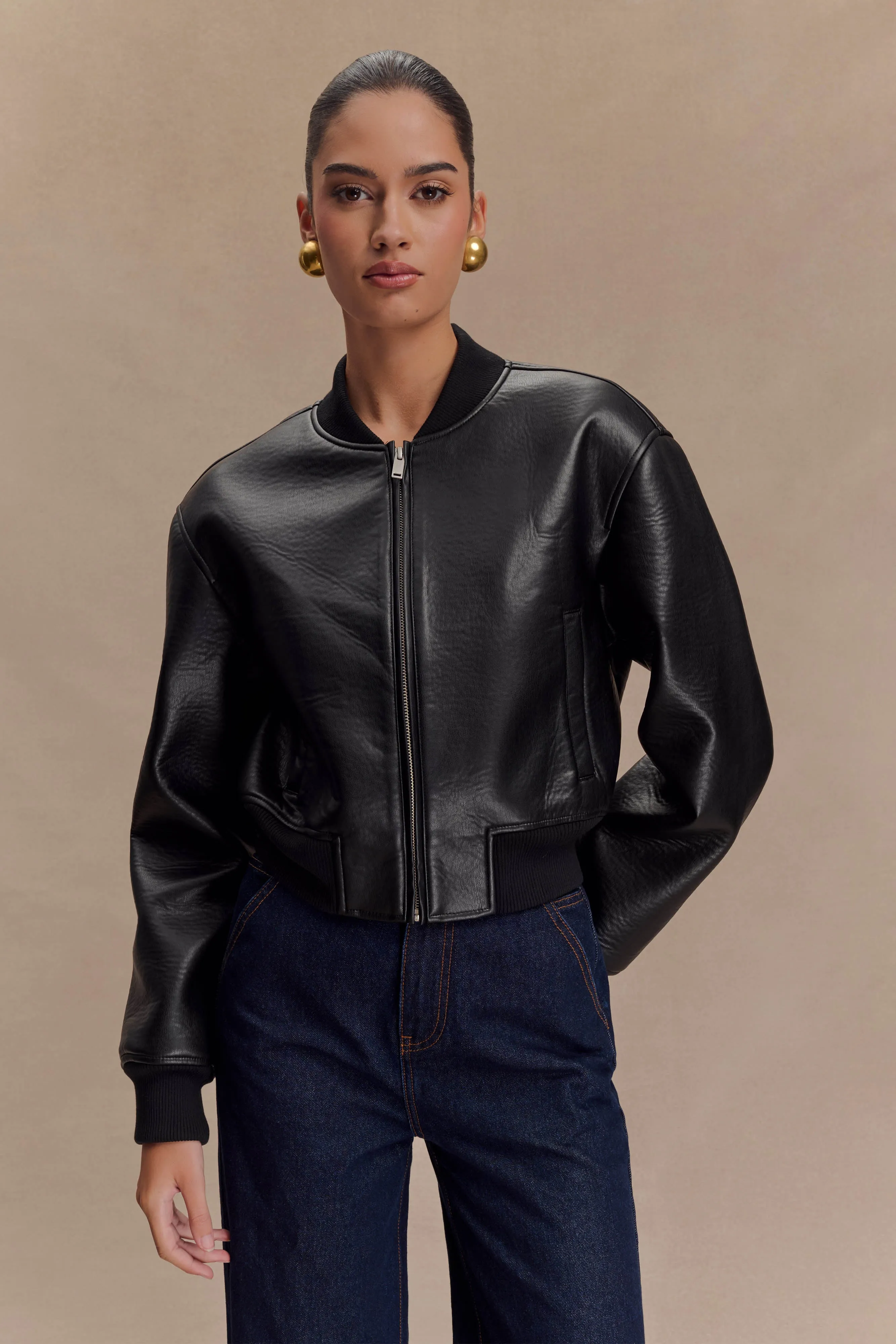 Lightweight Construction Light Protection Codi Faux Leather Bomber Jacket - Black