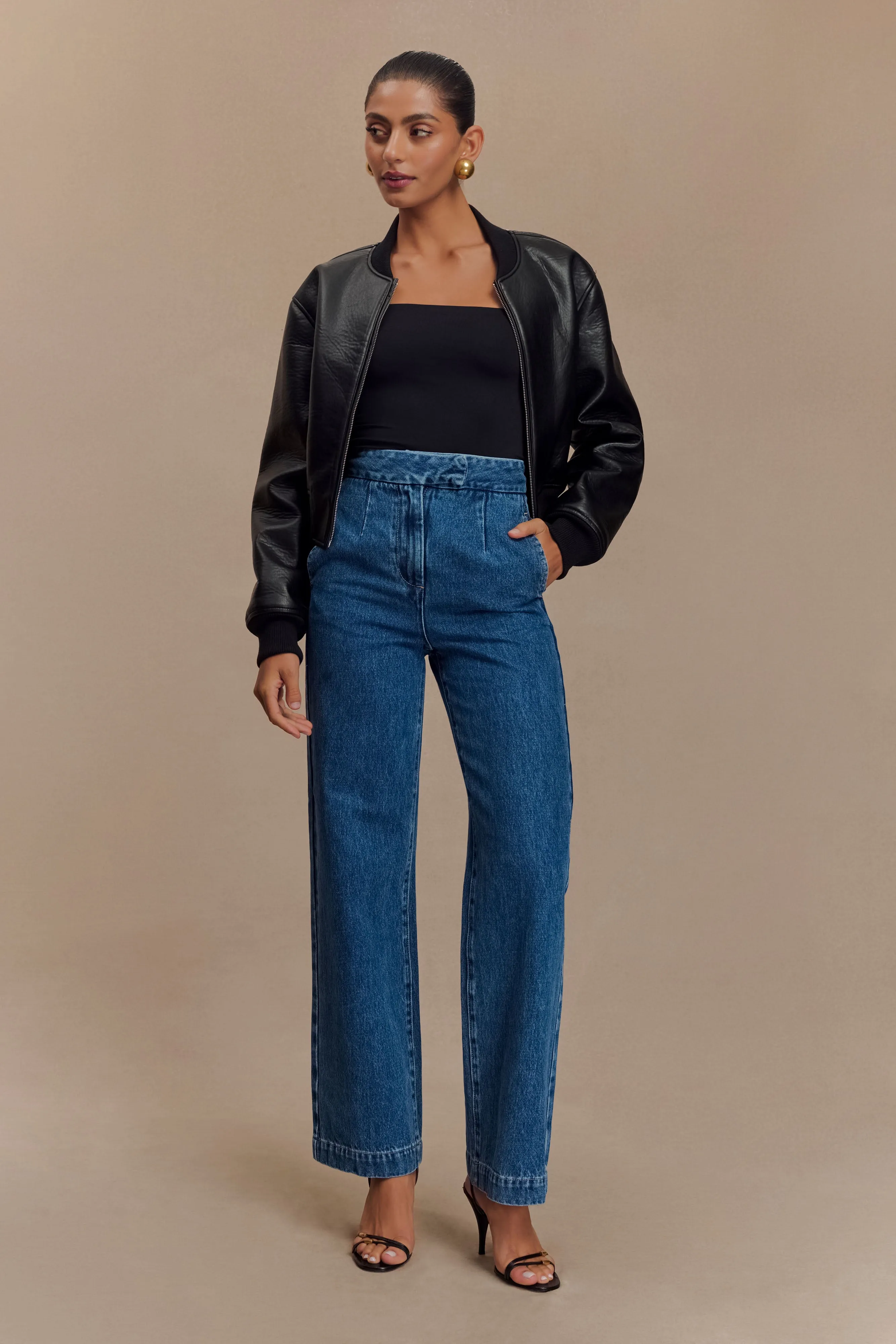 Reinforced Edging Modern City Outfit Codi Faux Leather Bomber Jacket - Black