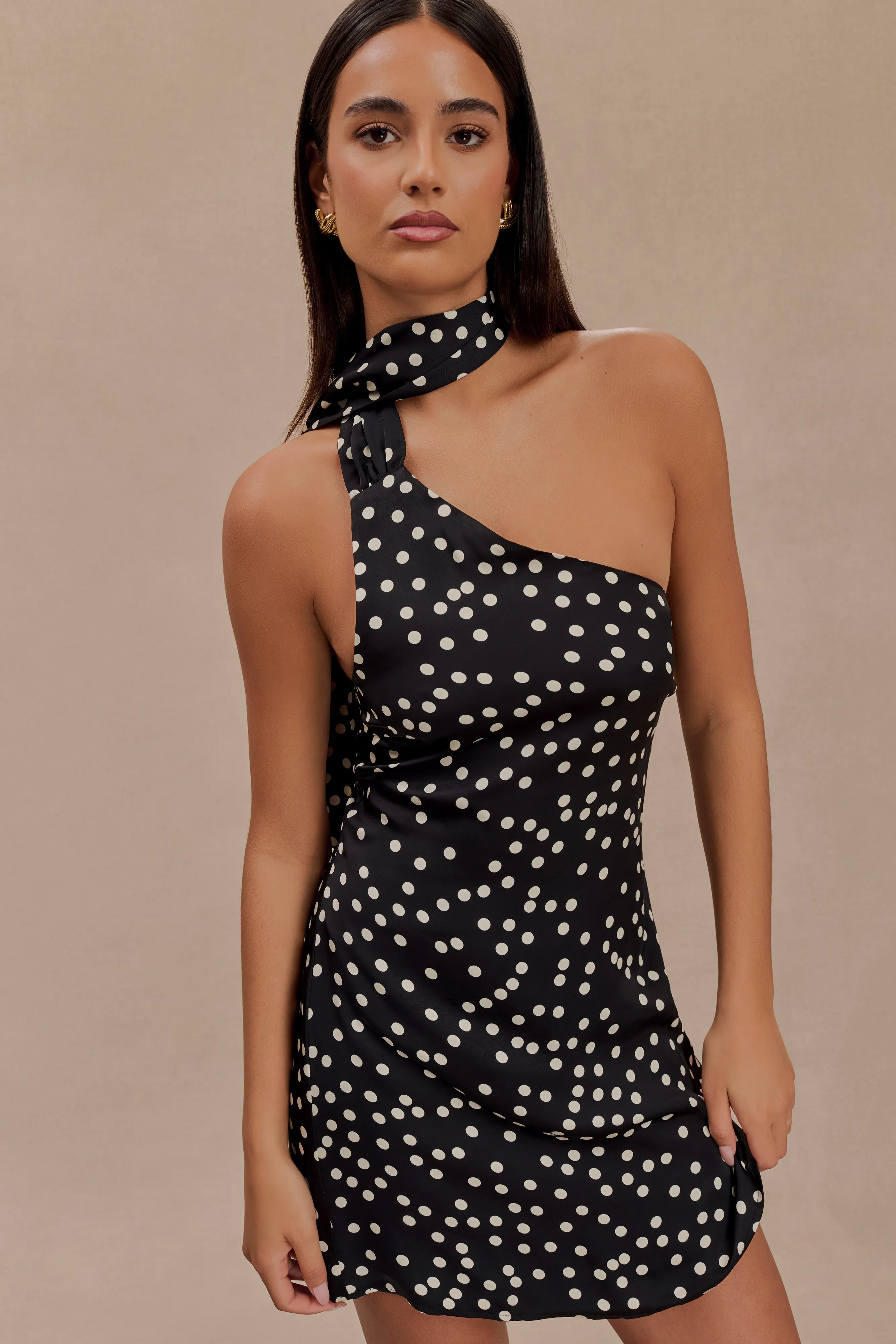 Joan Satin Asymmetrical Mini Dress - Black Polka Dot Print Fresh Tones