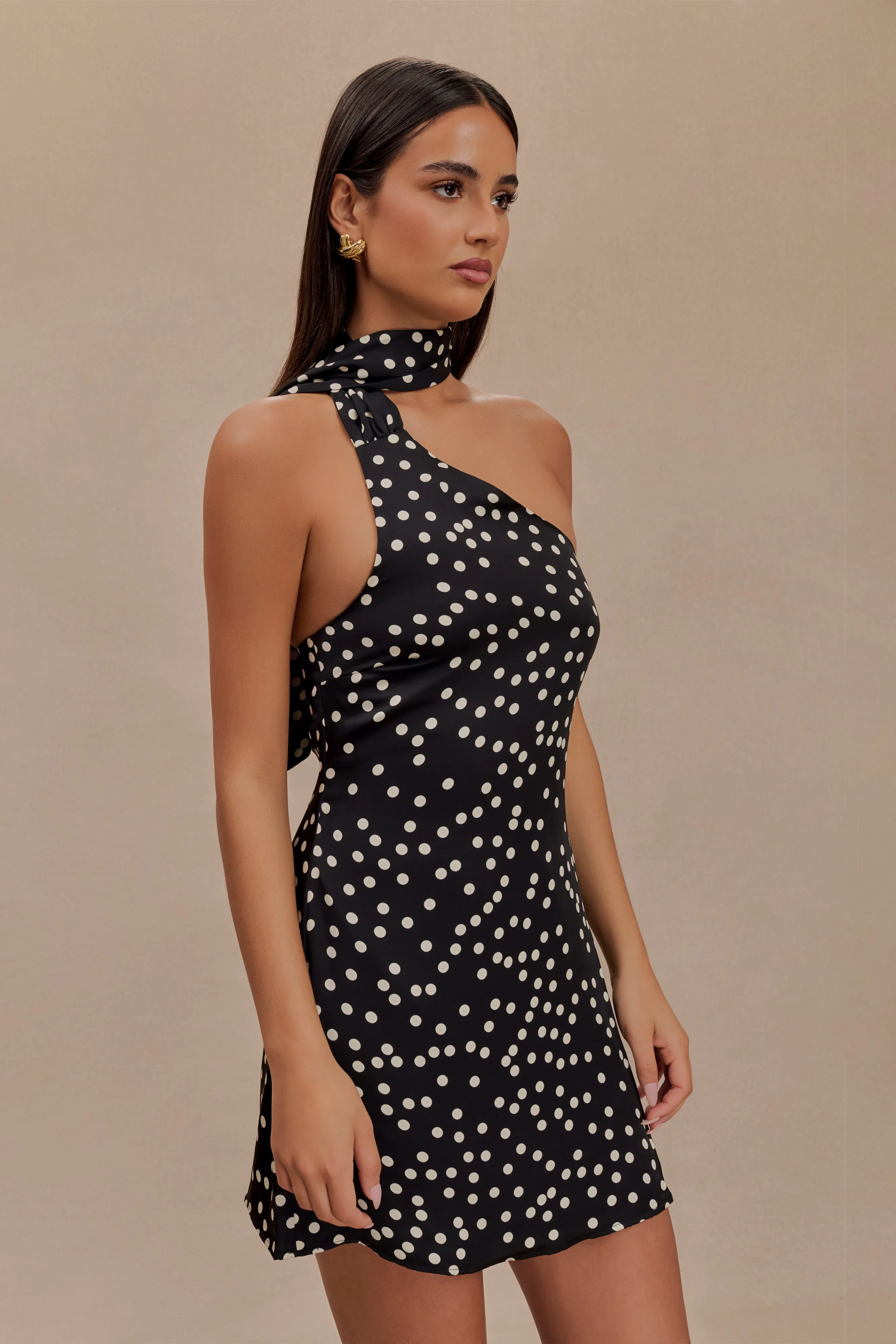 Joan Satin Asymmetrical Mini Dress - Black Polka Dot Print Feminine Mood