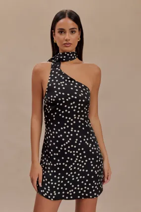 Charming Fit Shine Moment Joan Satin Asymmetrical Mini Dress - Black Polka Dot Print