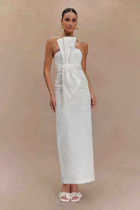 Cyrill Strapless Satin Structured Maxi Dress - White Bow-Detail