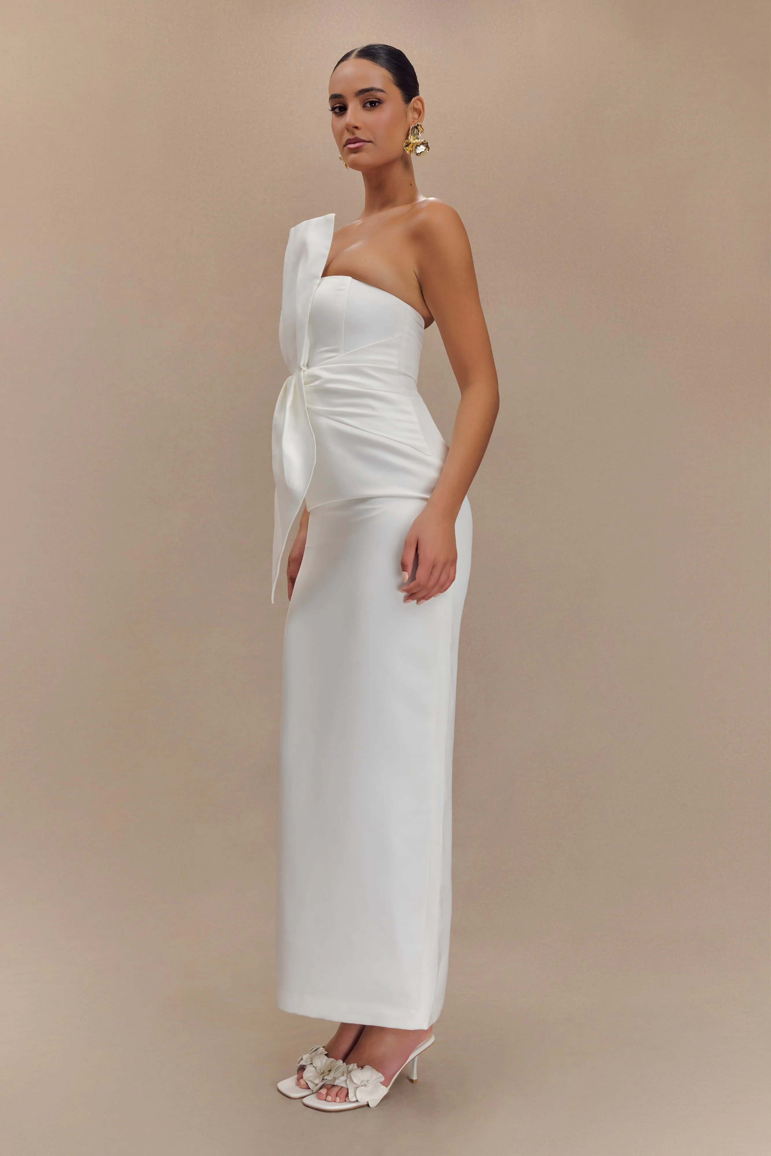 Natural Form Cyrill Strapless Satin Structured Maxi Dress - White