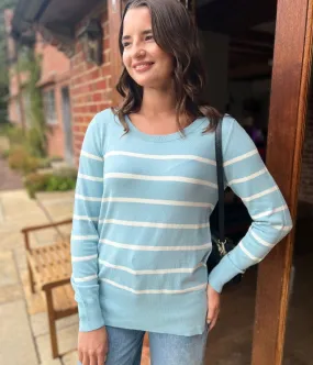 Cozy Waist Effortless Style Aqua & White Stripe Fine Knit Jumper