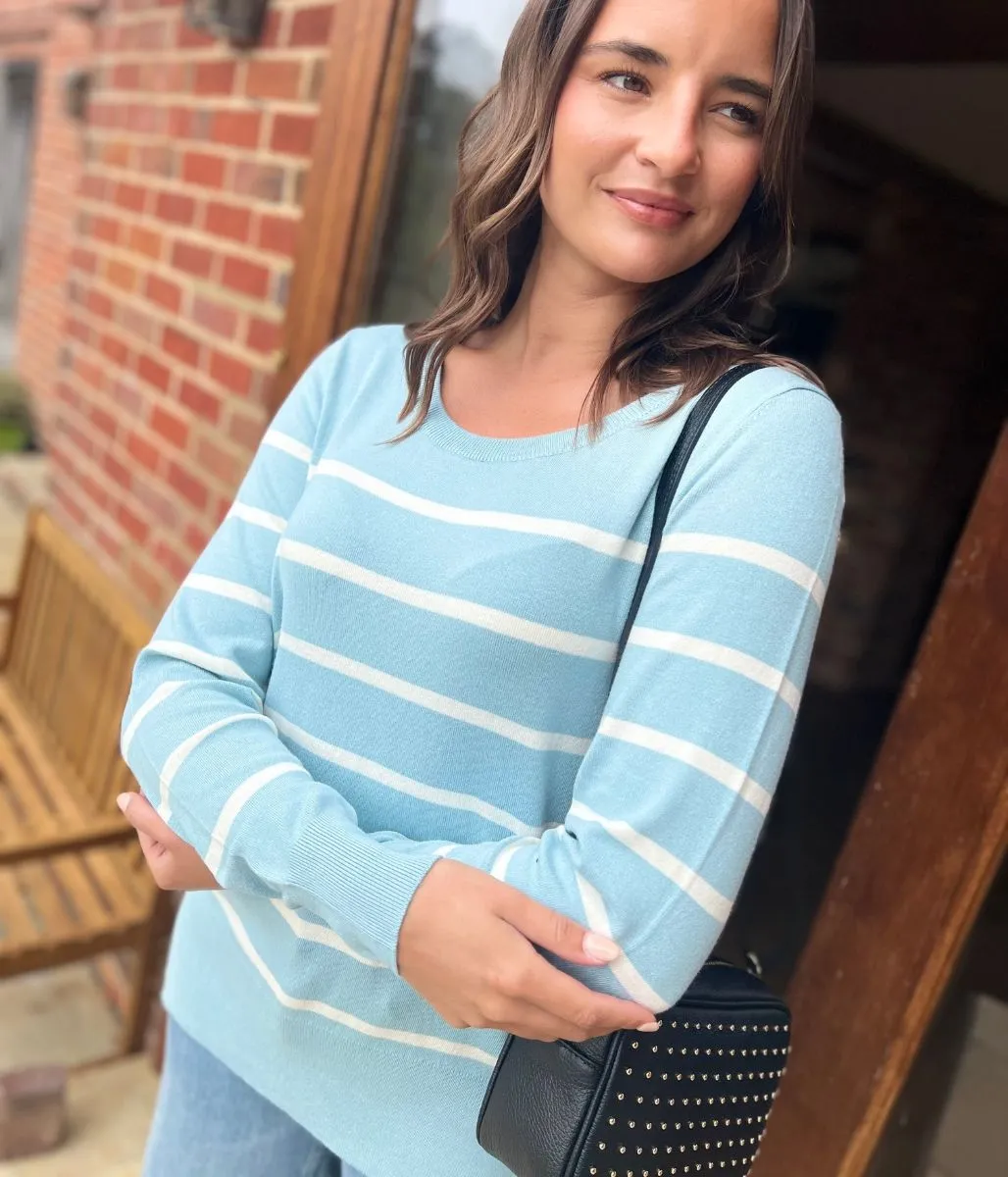 Cold Weather Look Aqua & White Stripe Fine Knit Jumper