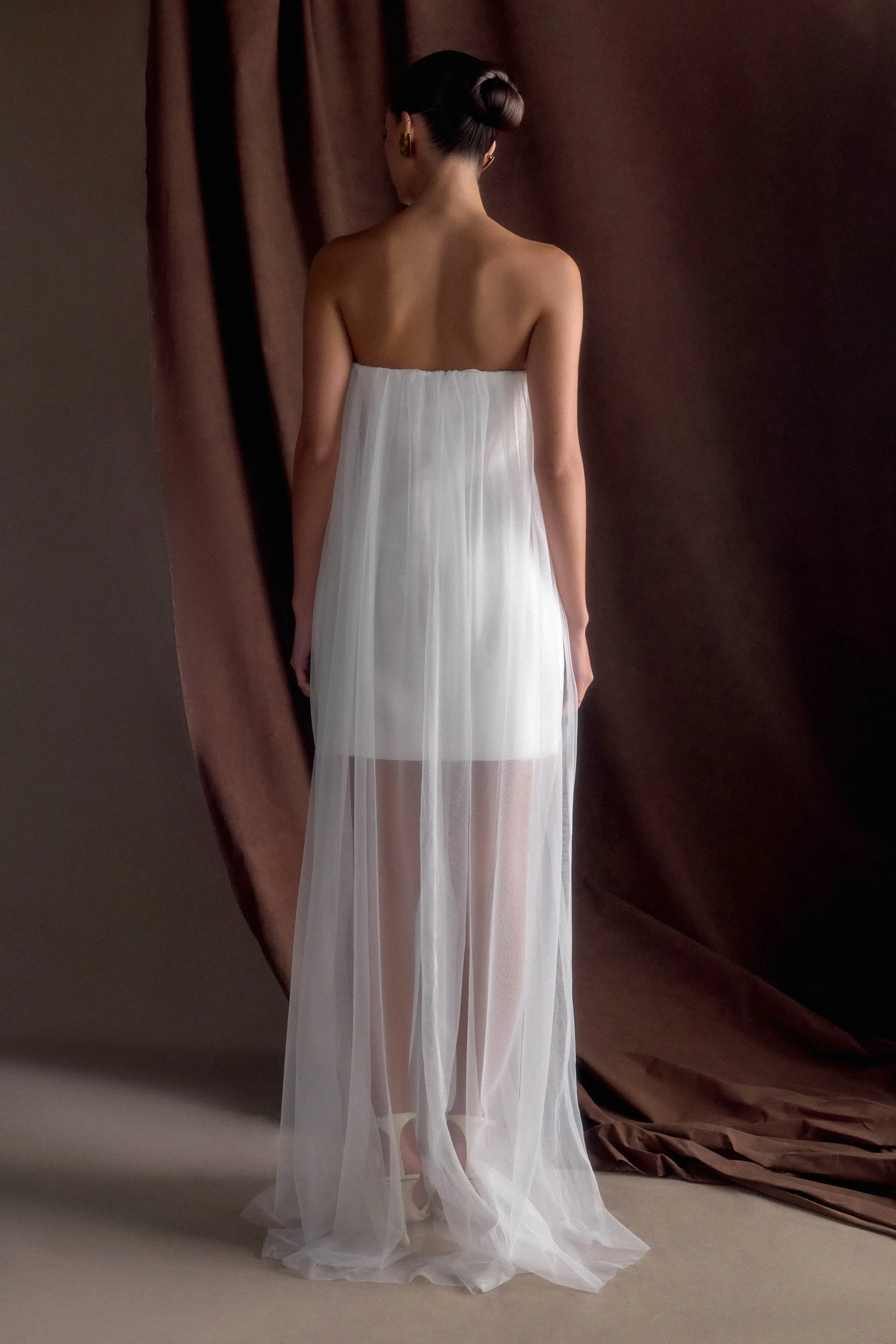 Silky-Feel Cool Draping Bettany Chiffon Strapless Maxi Dress - White