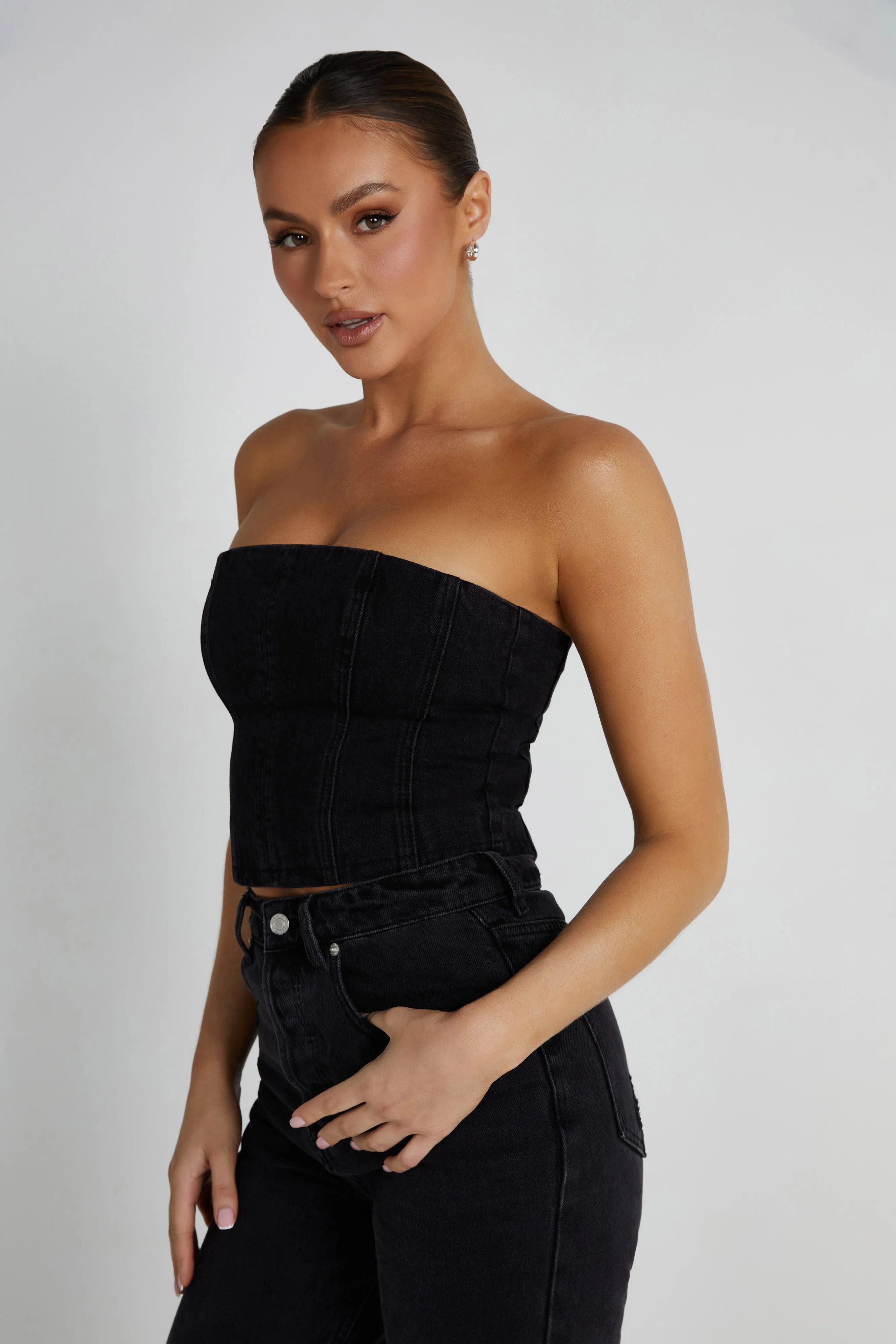 Jordana Denim Tube Top - Washed Black Compression Gradient Bonded Seam Technique