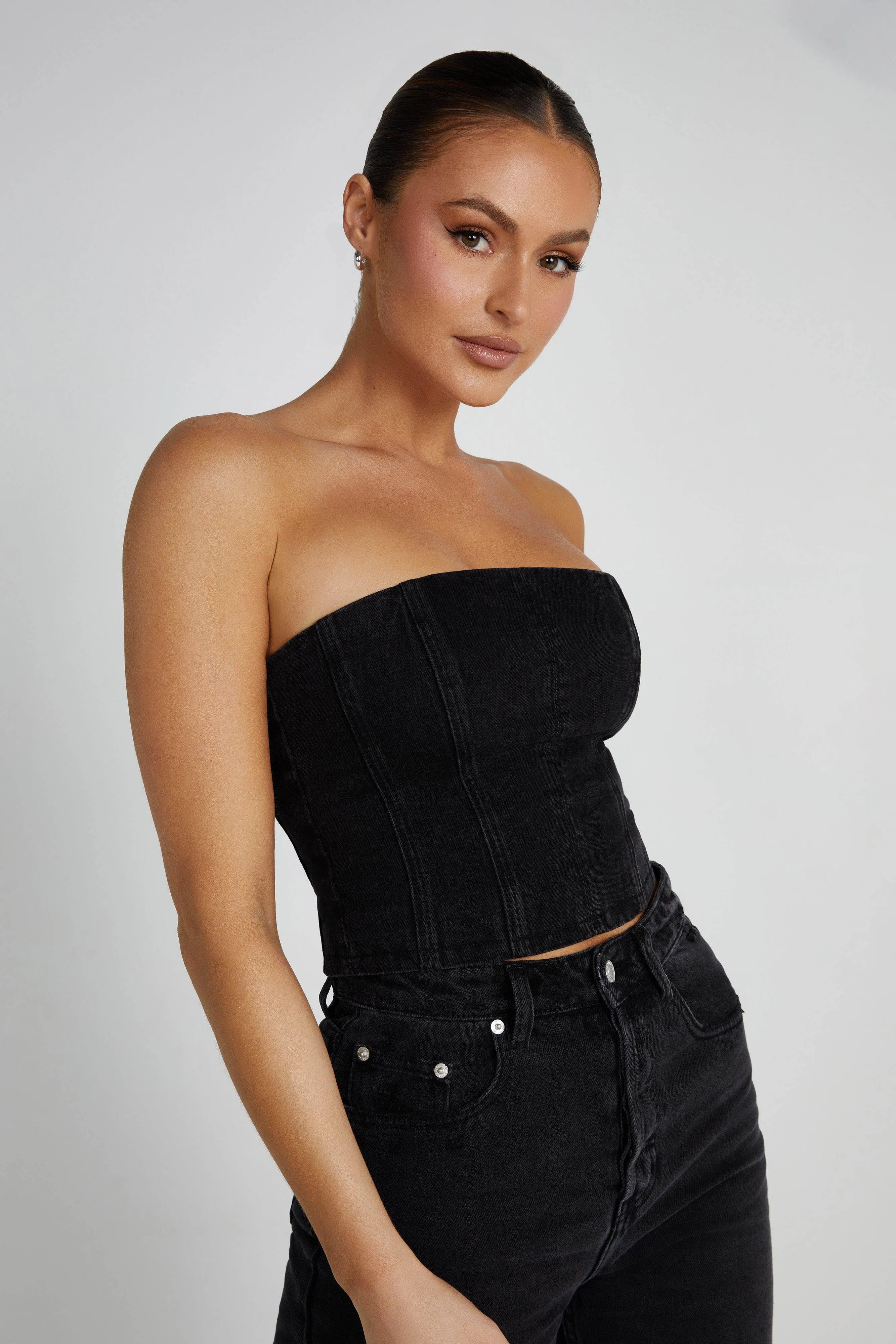 High Collar Option AntiSlipGrip Jordana Denim Tube Top - Washed Black