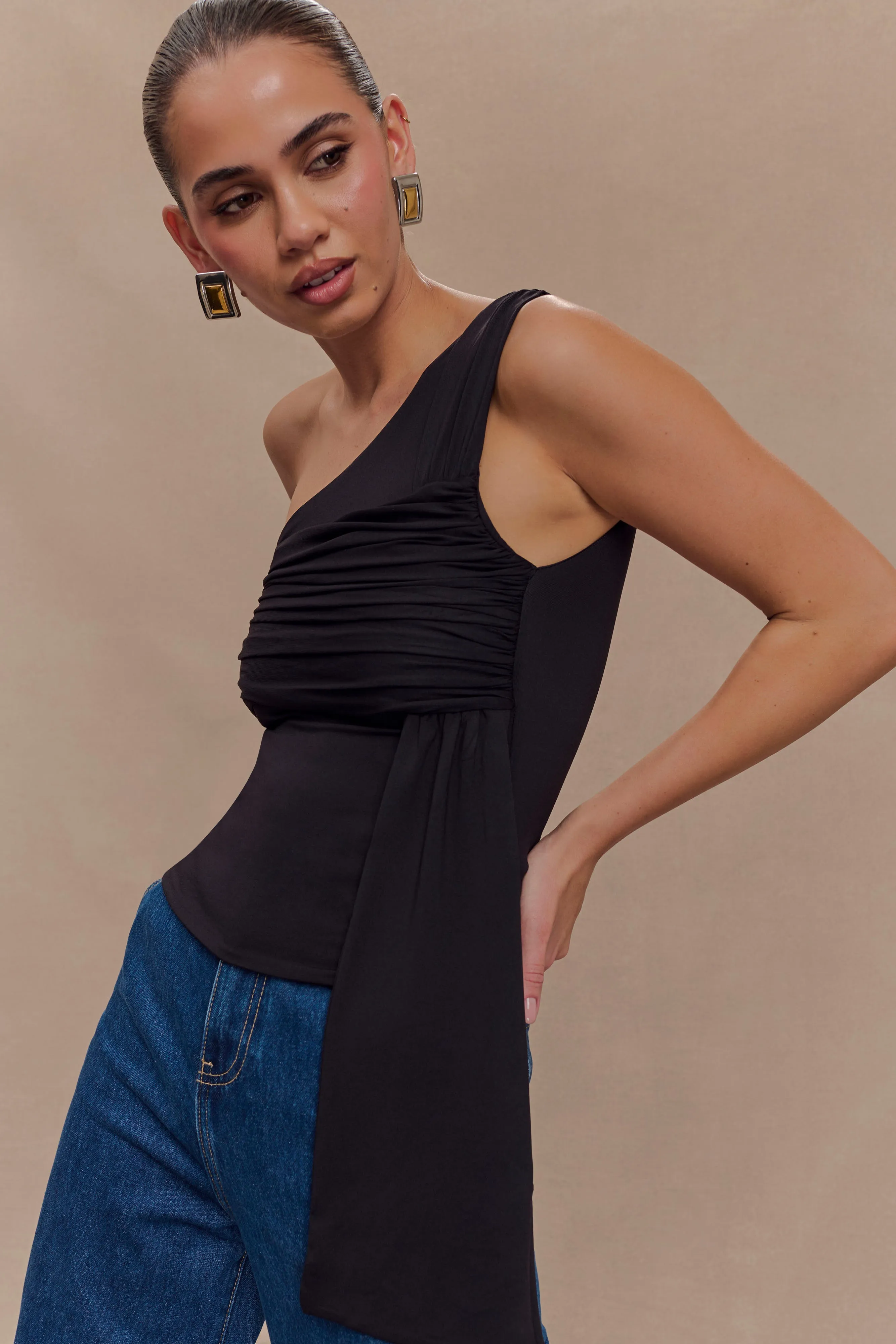 NonSlip Grip Tape Sera One Shoulder Recycled Nylon Top With Drape - Black
