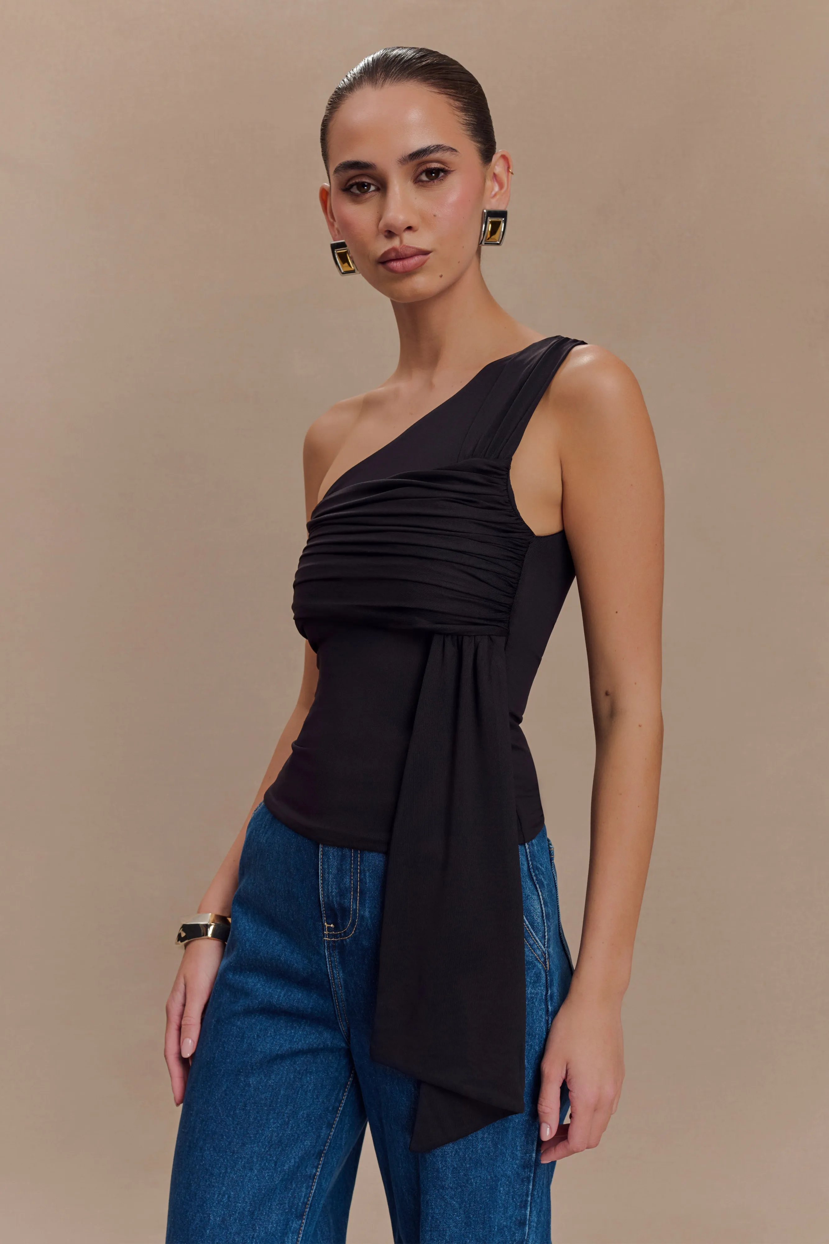 Sera One Shoulder Recycled Nylon Top With Drape - Black Adjustable Cuffs