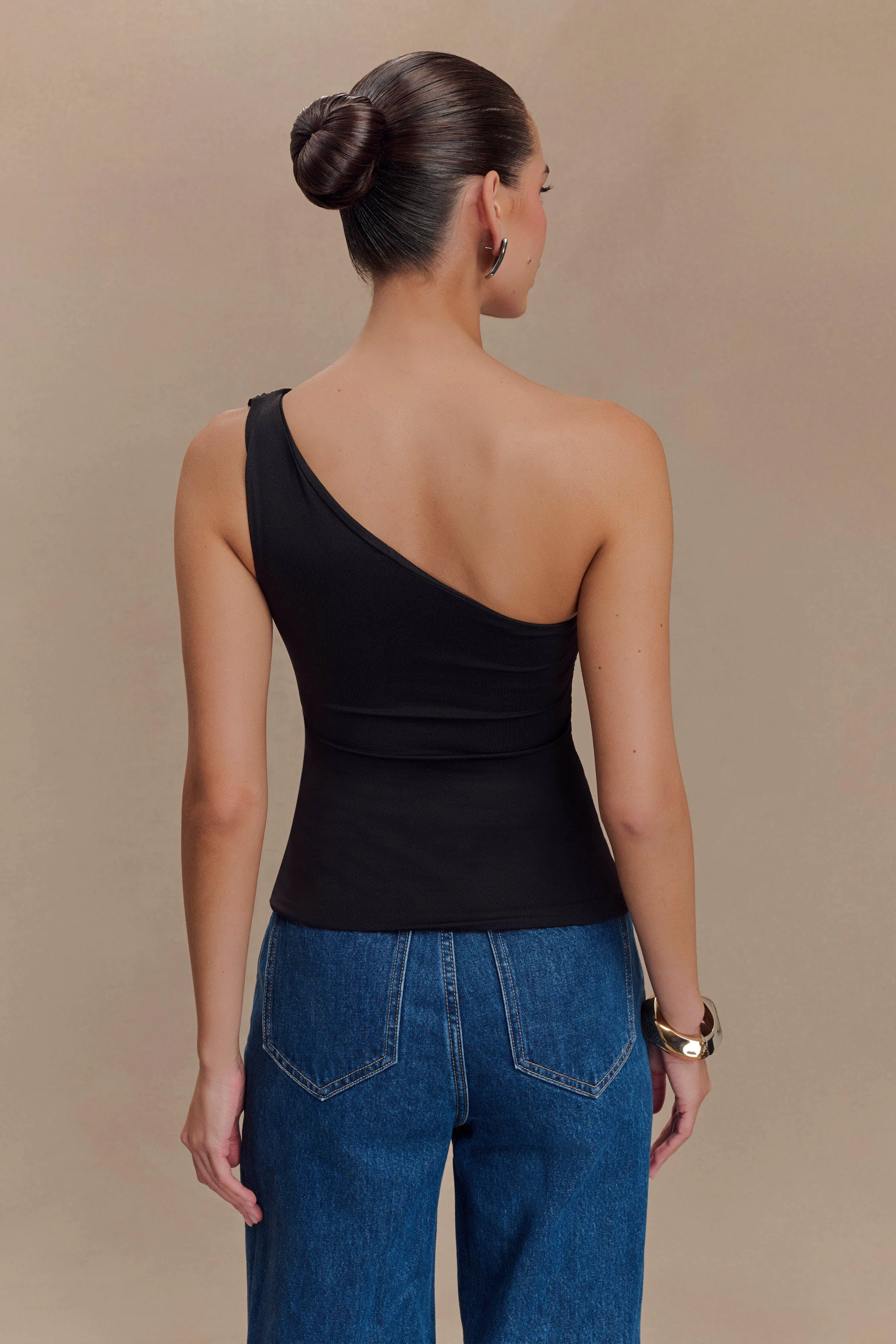 Sera One Shoulder Recycled Nylon Top With Drape - Black Ergonomic Cut Double Stitched Seams
