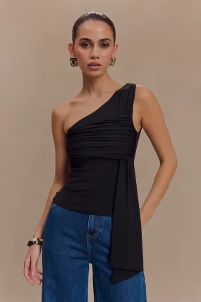 Sera One Shoulder Recycled Nylon Top With Drape - Black Compression Fit