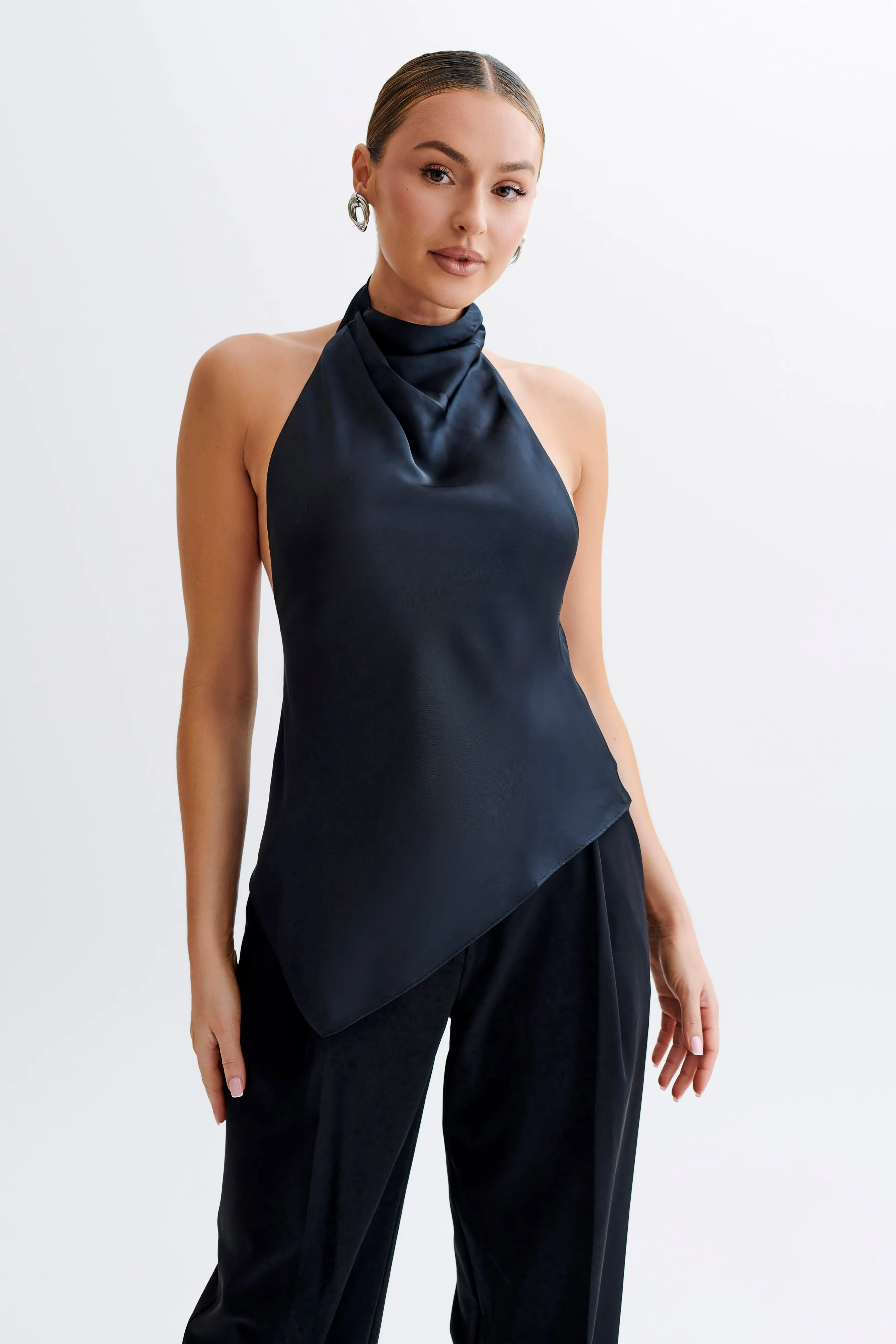 Seraphine Satin Halter Top - Black Bound Edges