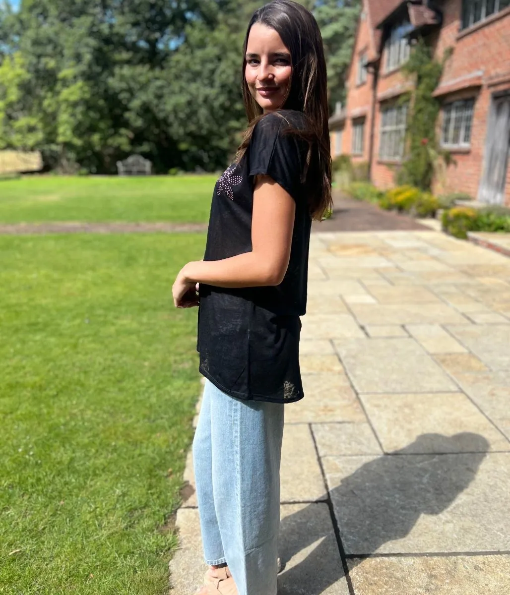 Black Sequin Flower Burnout Top Relaxed Layer