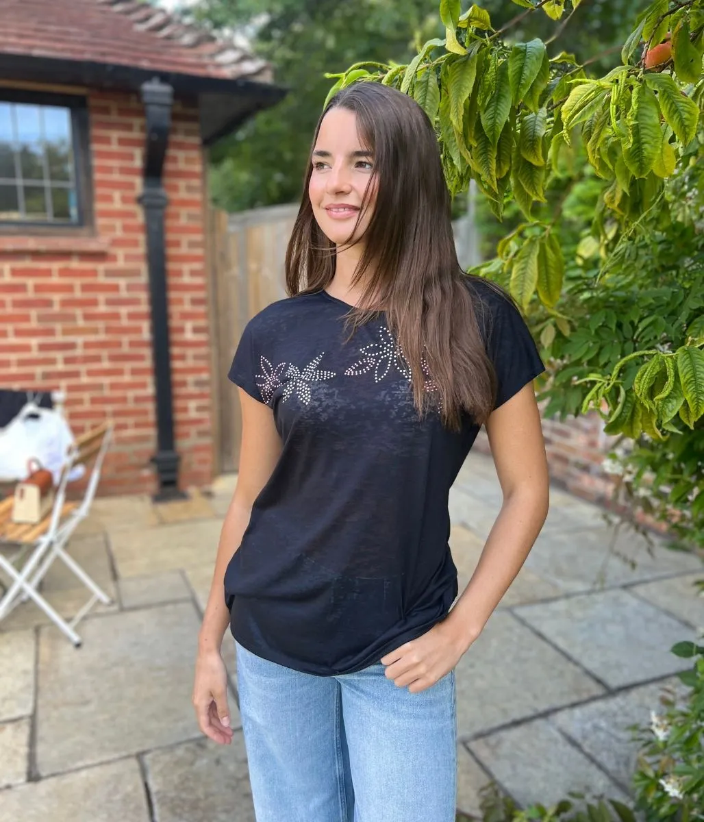 Game Day Black Sequin Flower Burnout Top