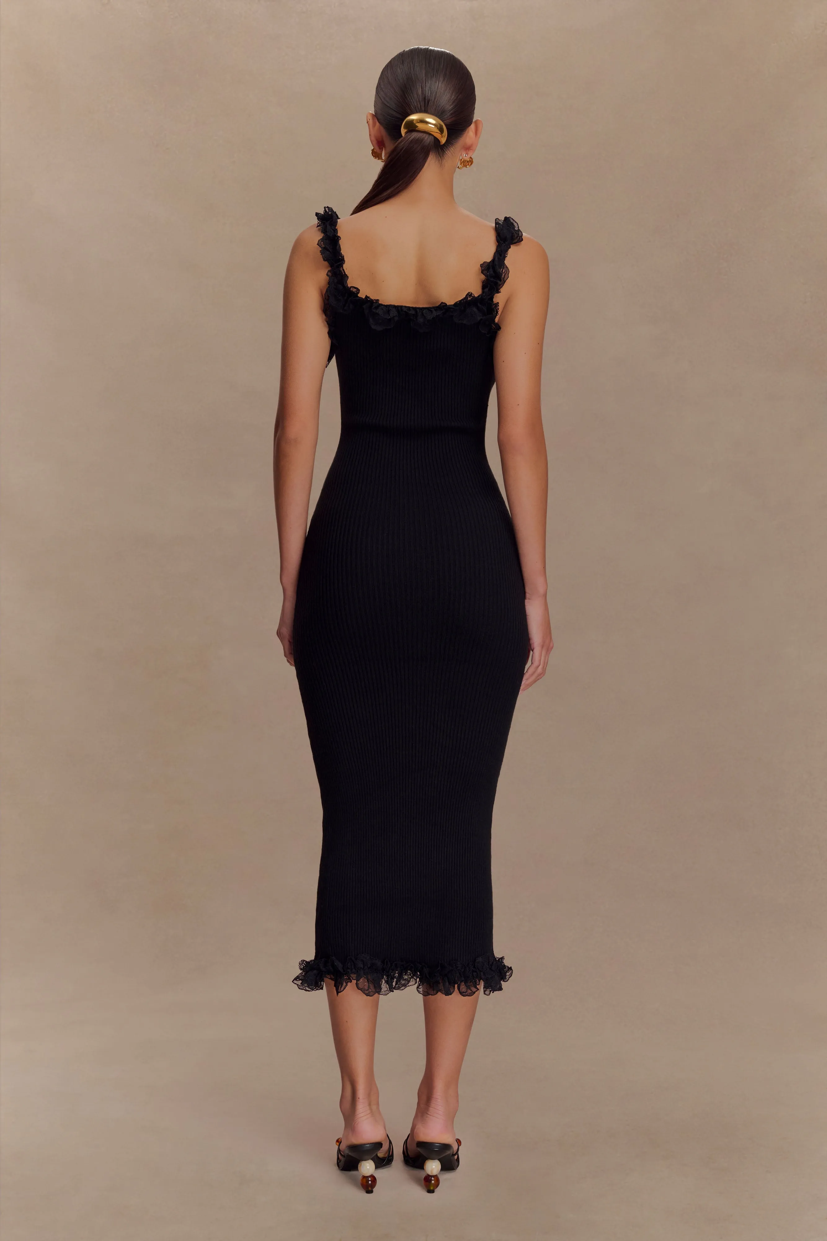 Side-Pocket Shay Lace Ruffle Knit Midi Dress - Black