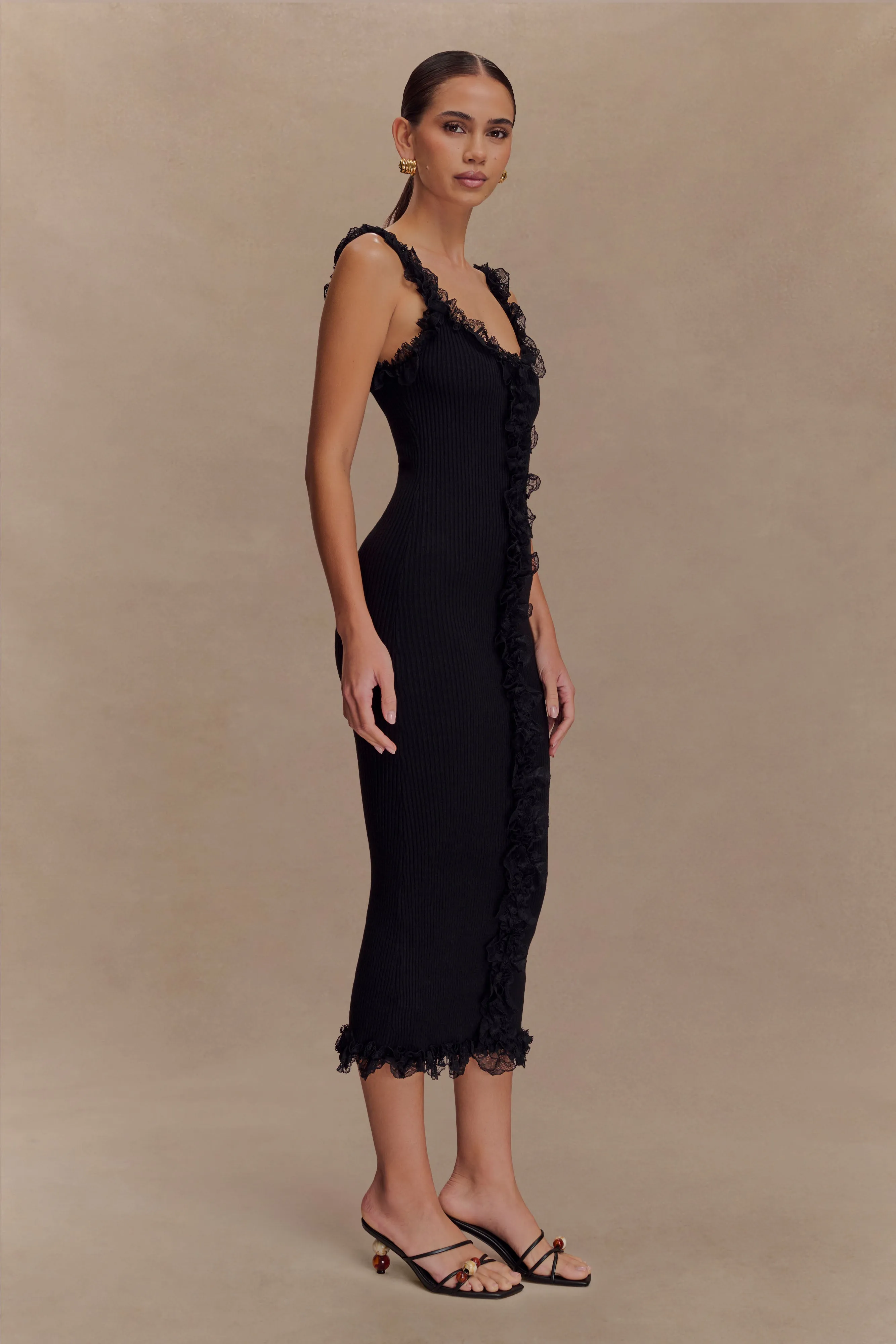Breathable Wearable Mid Fit Shay Lace Ruffle Knit Midi Dress - Black
