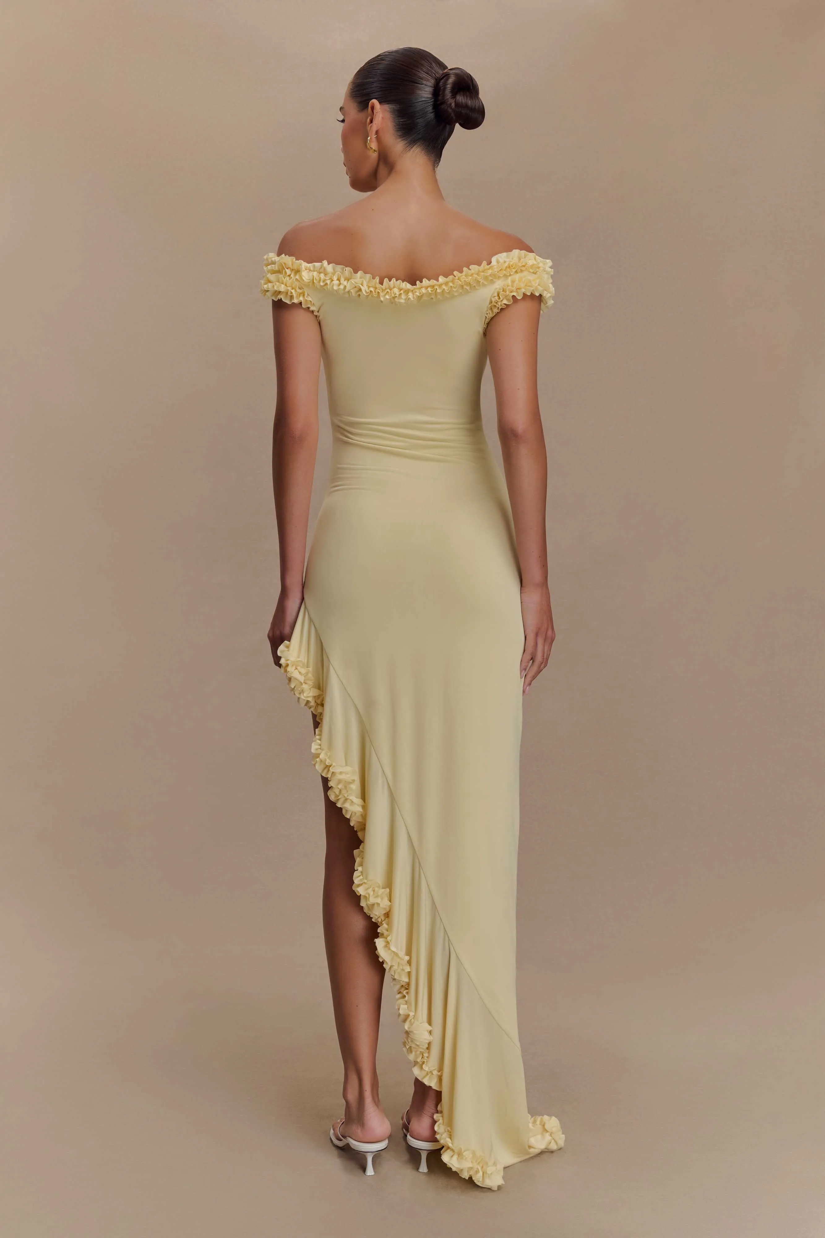 Arielle Off Shoulder Ruffle Midi Dress - Pastel Lemon polka-dot Retro Mood