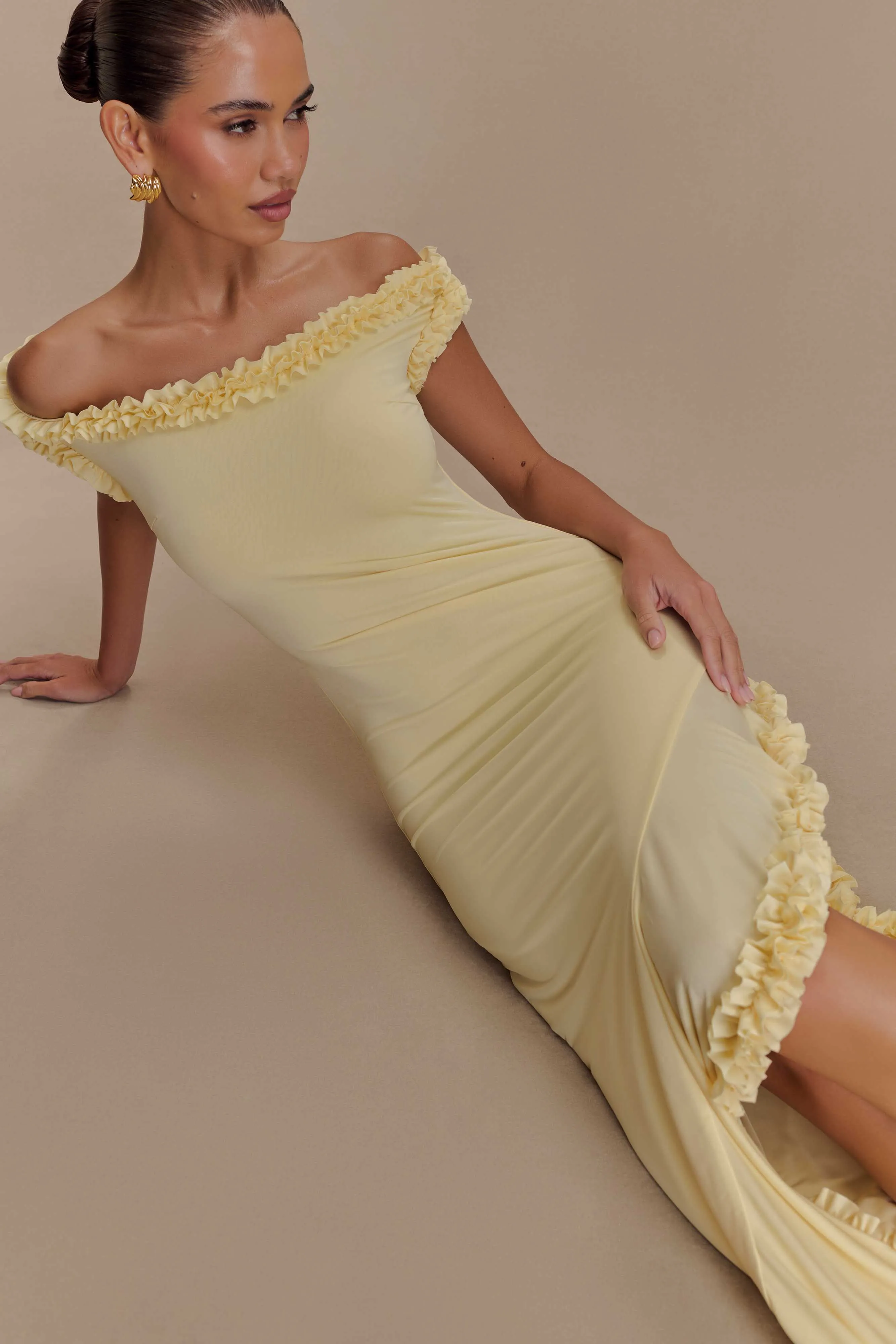 Arielle Off Shoulder Ruffle Midi Dress - Pastel Lemon Pastel Sky Chilly Wear