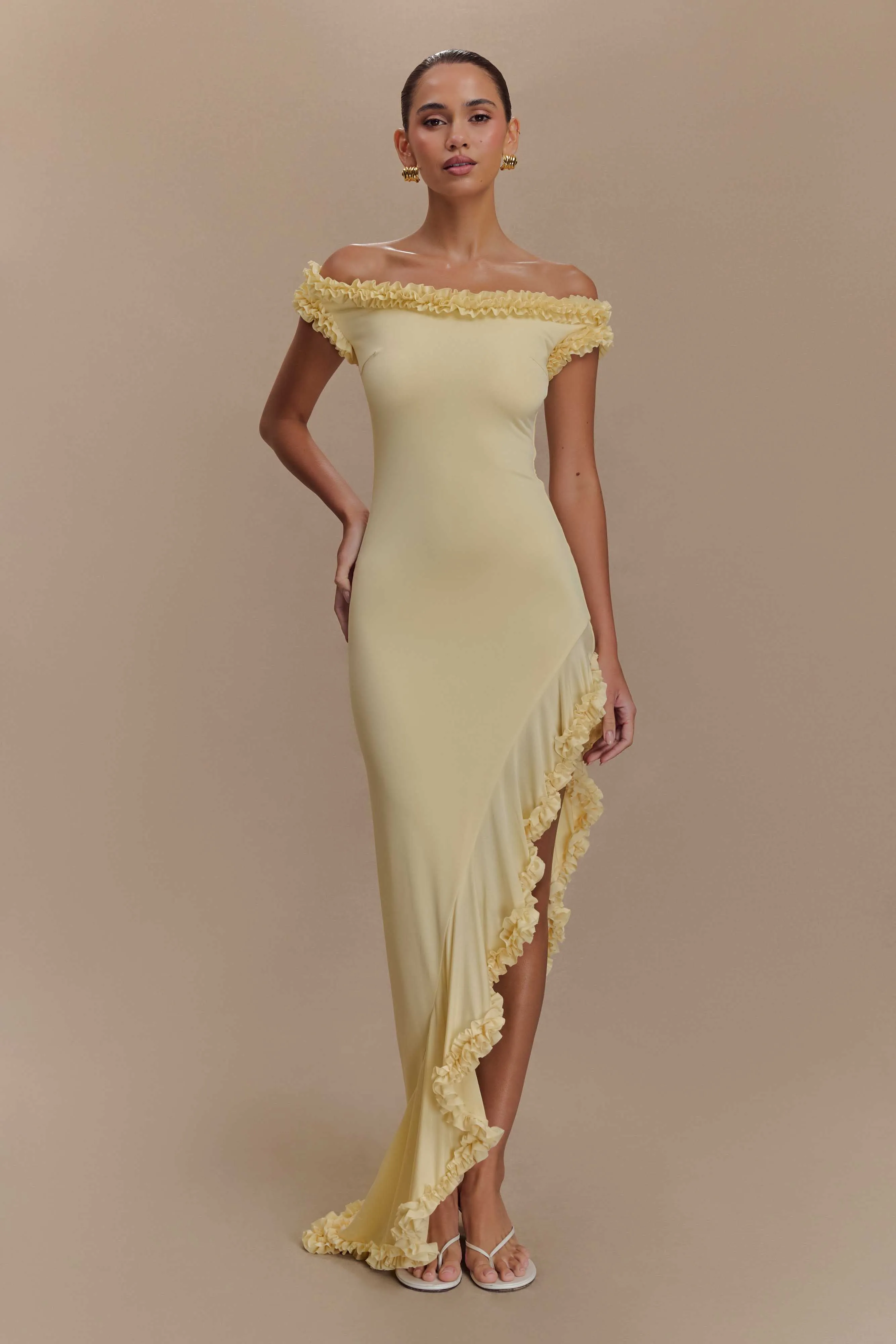 Flexible Comfort Simple Elegance Arielle Off Shoulder Ruffle Midi Dress - Pastel Lemon
