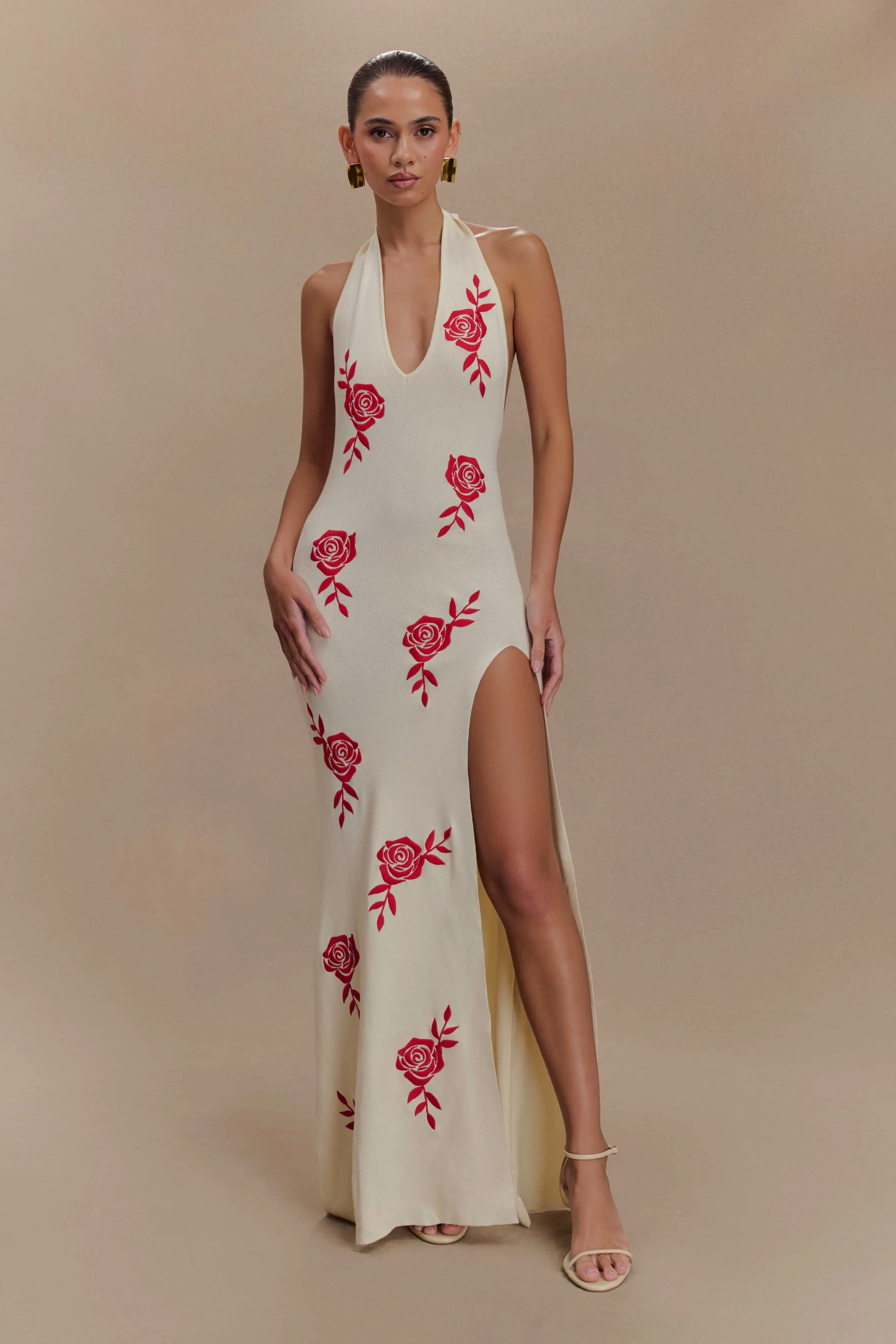 Light And Airy Perfect Comfort Wear Shiloh Rose Knit Halter Maxi Dress - Ivory