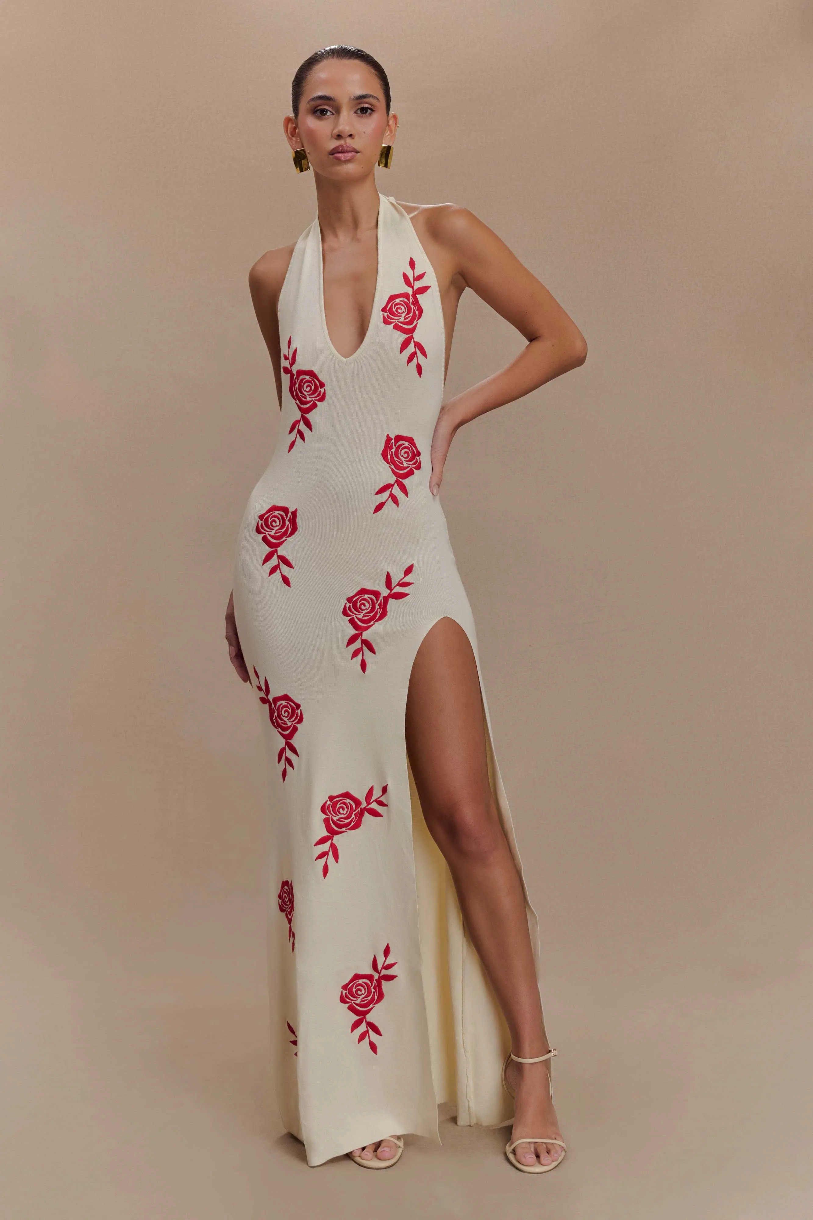 Dew Tone Chilly Weather Wear Shiloh Rose Knit Halter Maxi Dress - Ivory