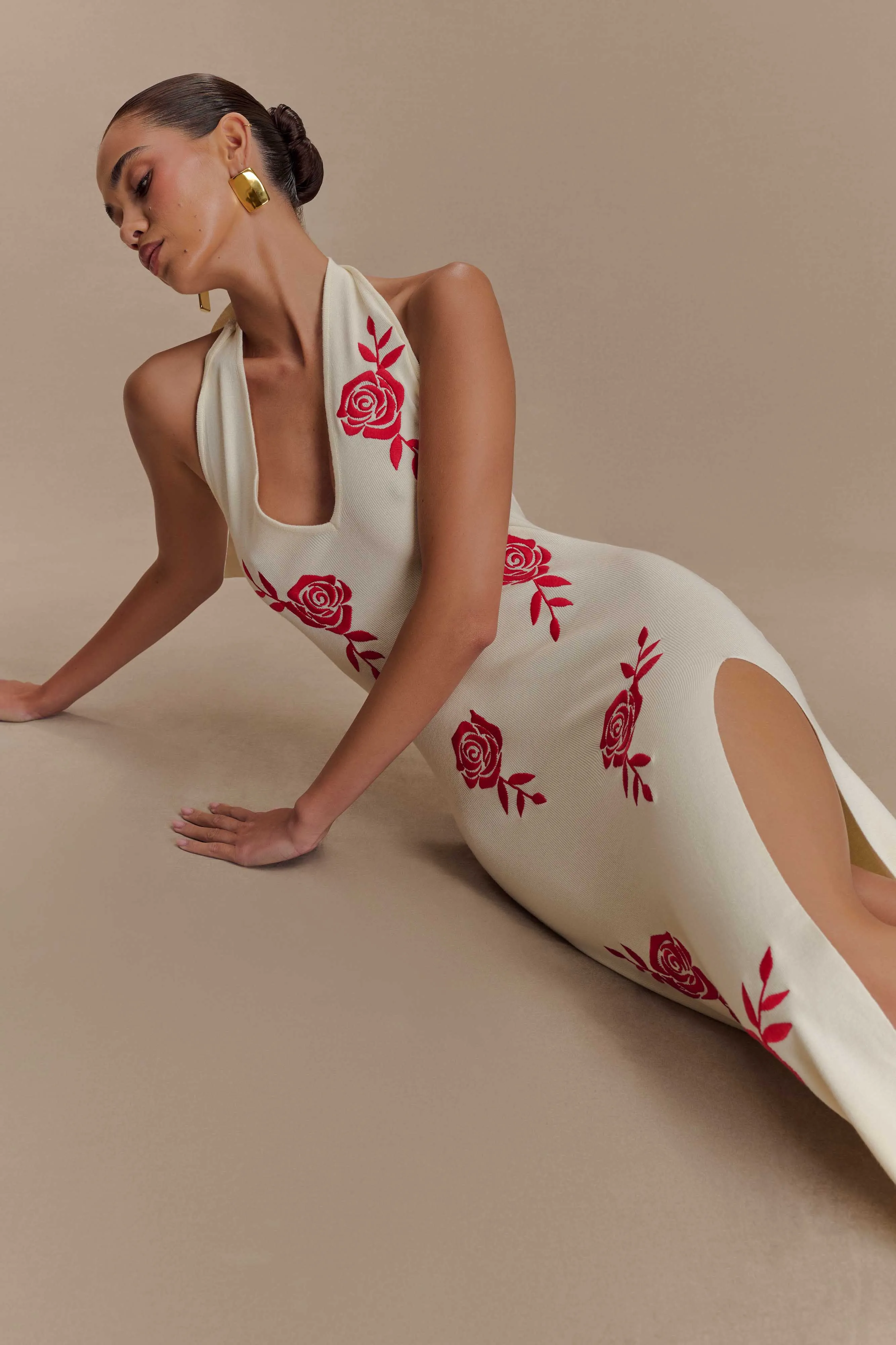 Shiloh Rose Knit Halter Maxi Dress - Ivory Fall Silhouette