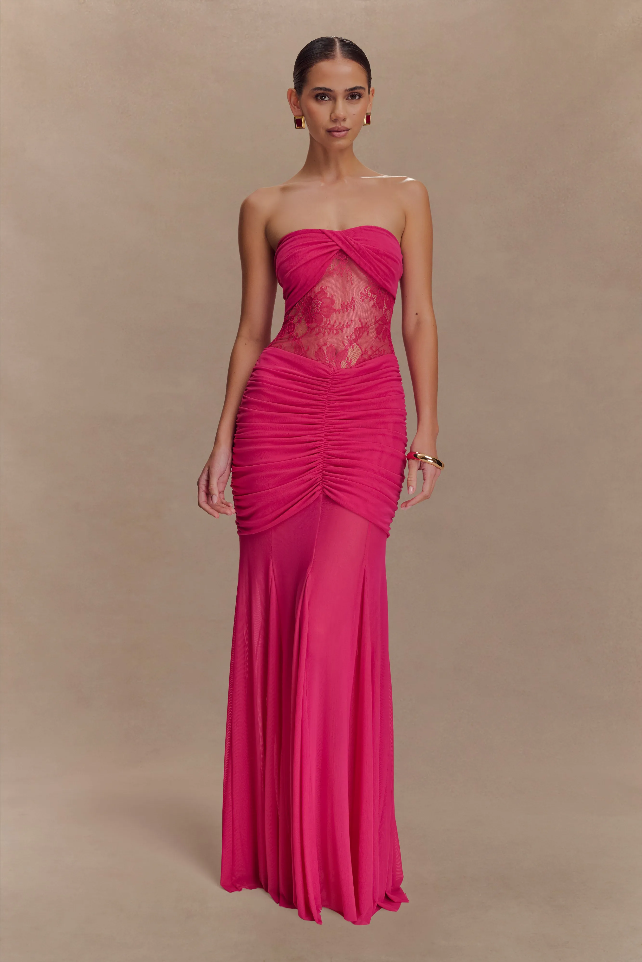 Khadijah Lace And Mesh Maxi Dress - Dragonfruit AdjustableStraps