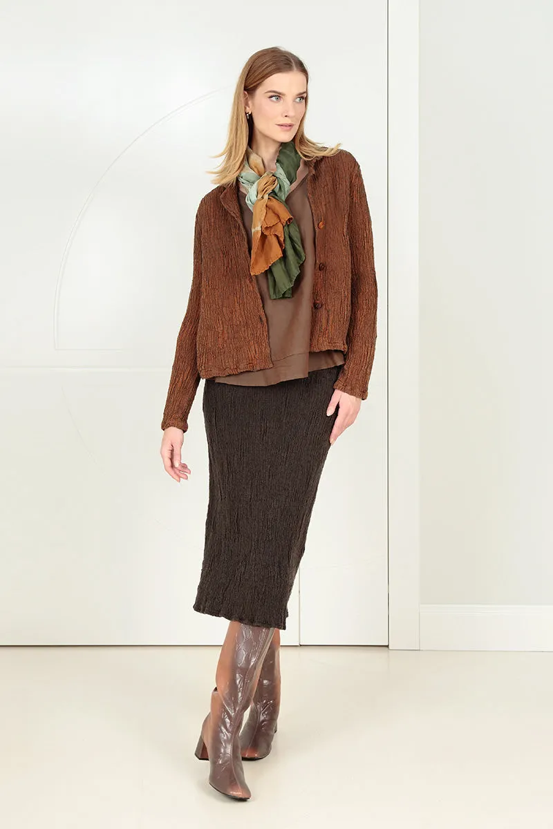 Low Profile Collar Heat Trapping Layer Short Aged Copper Textured Silk Linen Jacket