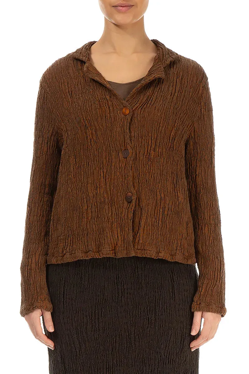 Short Aged Copper Textured Silk Linen Jacket YKK Fasteners Lightweight Thermal Tech