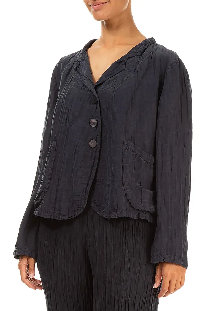 Elastic Hem Adjustment Short Crinkled Graphite Blue Silk Jacket