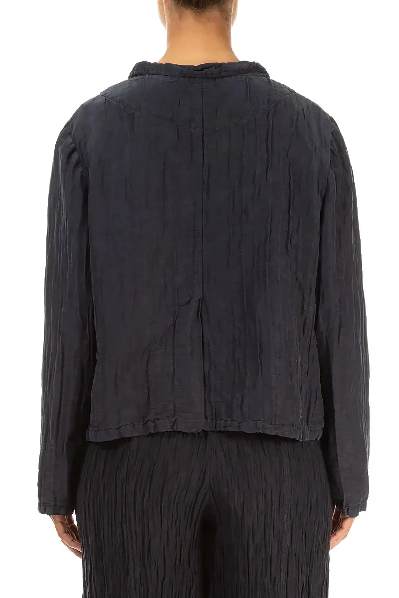 Short Crinkled Graphite Blue Silk Jacket Double Breasted