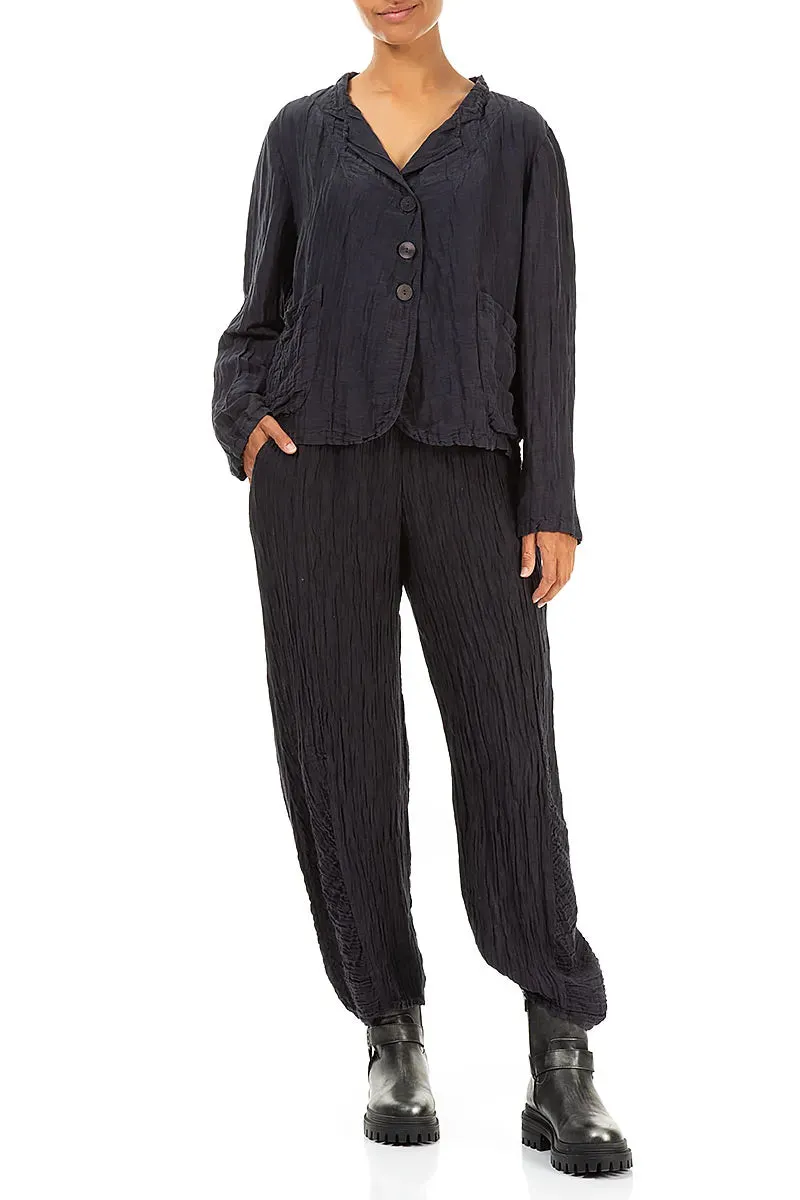 Short Crinkled Graphite Blue Silk Jacket Glove Compatible Cuffs